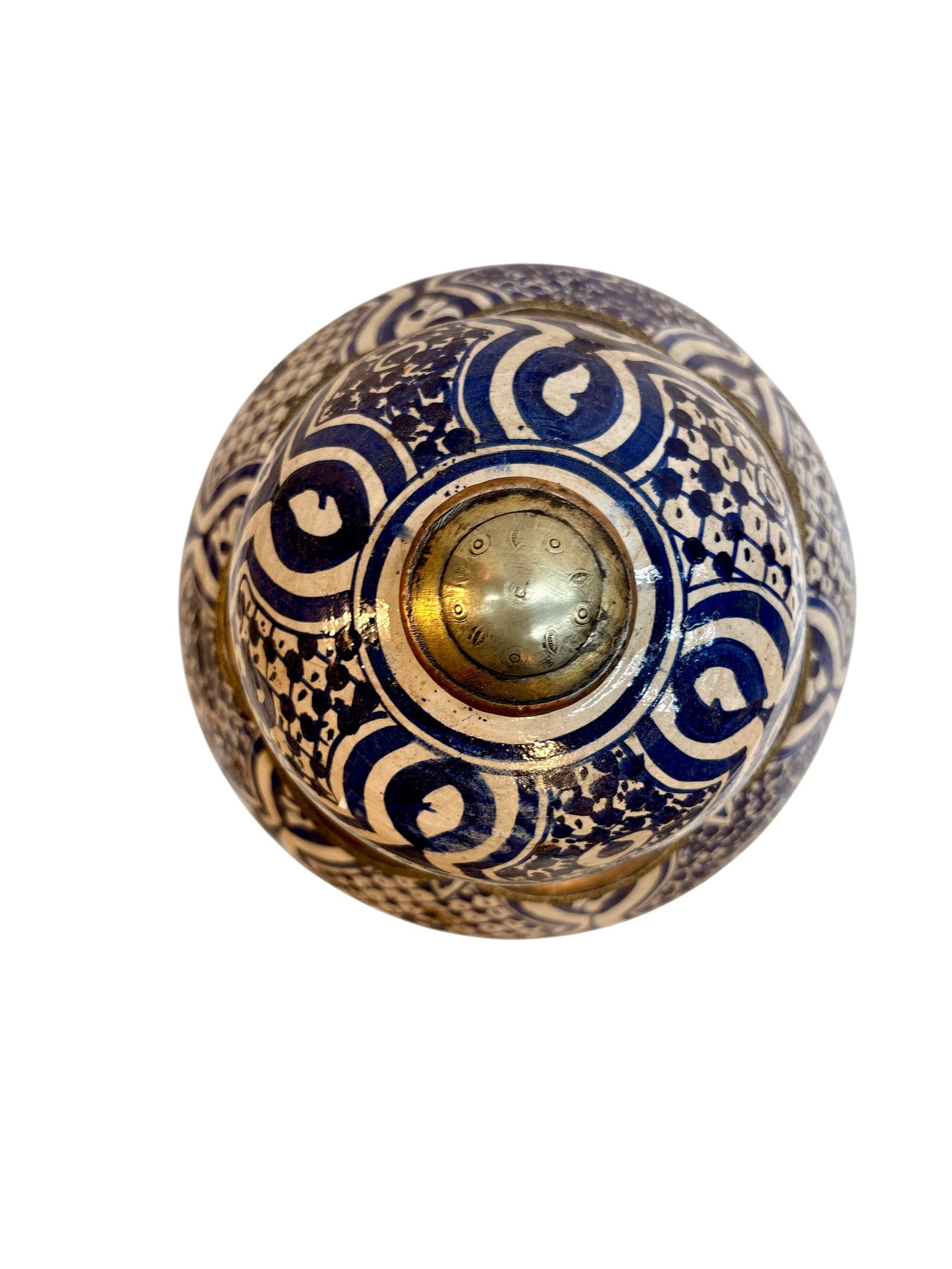 Moroccan Hand-Painted Blue & White Double-Gourd Lidded Urn with Filigreed Brass