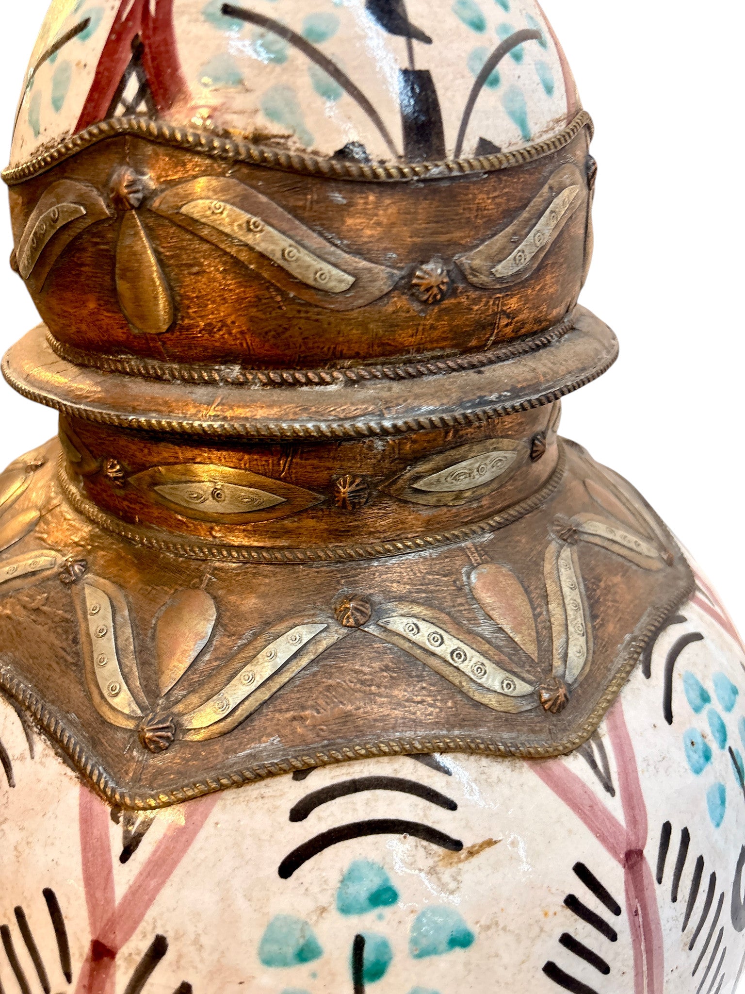 Moroccan Hand-Painted Botanical Double-Gourd Lidded Urn with Brass Metalwork