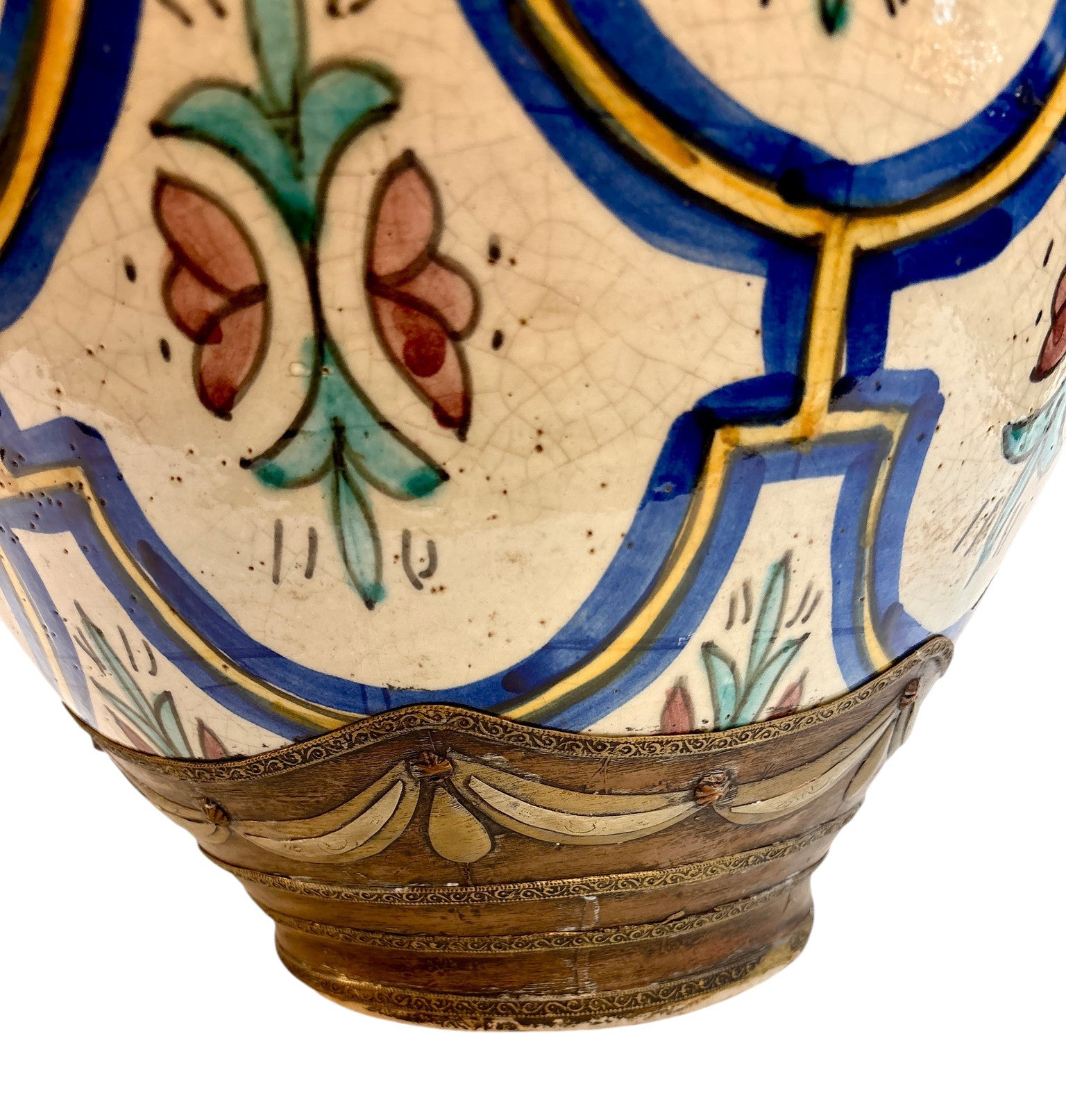 Moroccan Hand-Painted Floral Double-Gourd Lidded Urn with Brass Metalwork