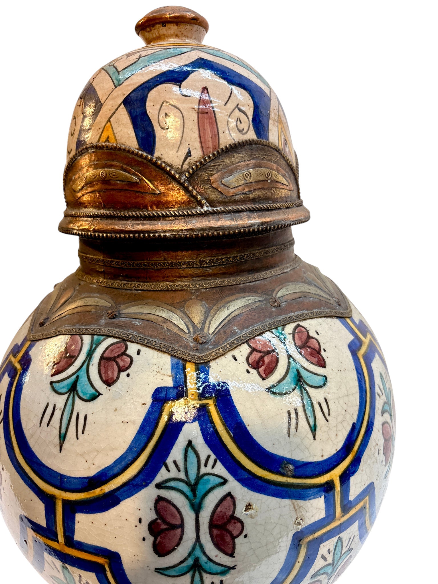Moroccan Hand-Painted Floral Double-Gourd Lidded Urn with Brass Metalwork