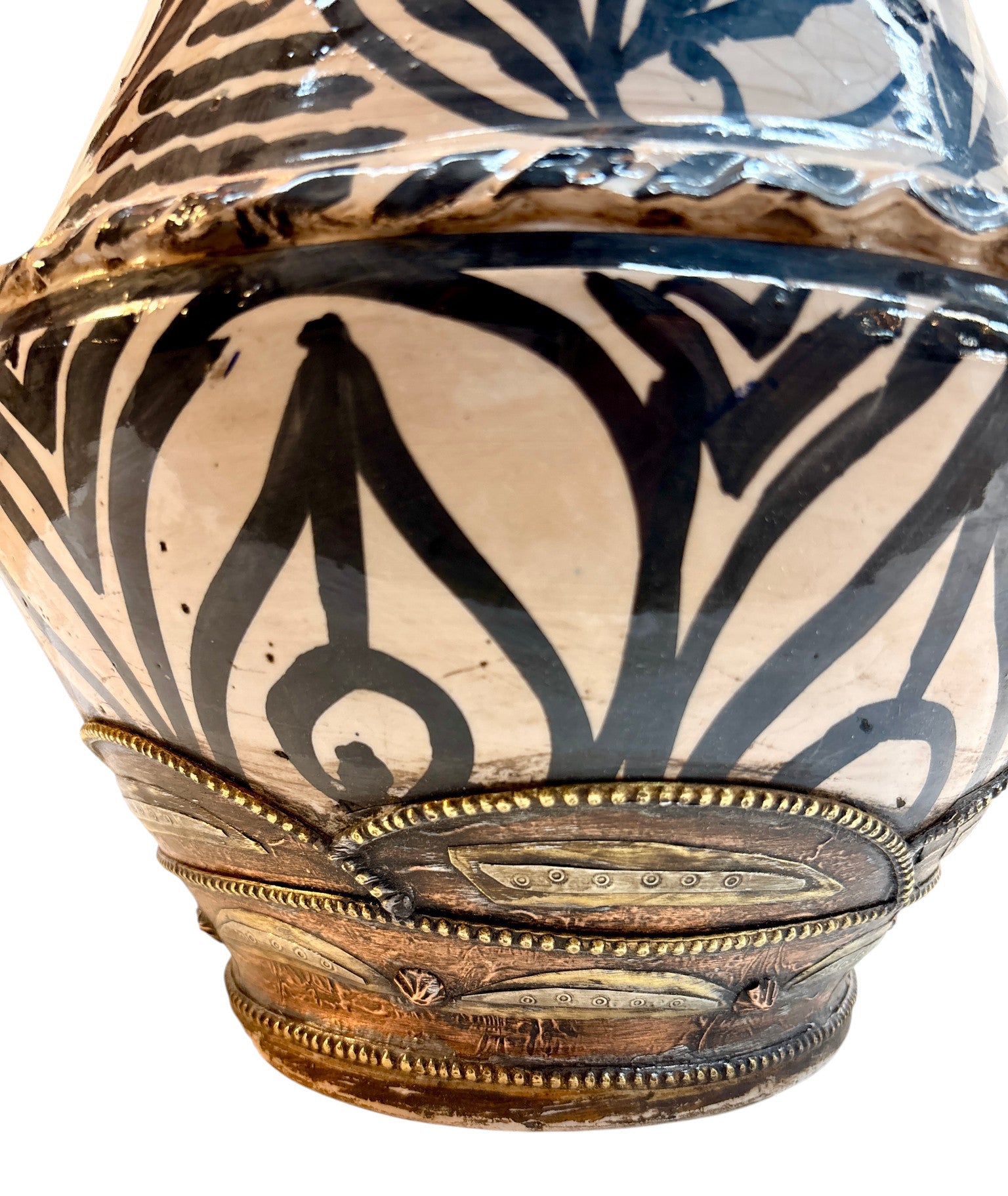 Hand-Painted Black & Ivory Open Amphora Vase with Copper & Brass Metalwork