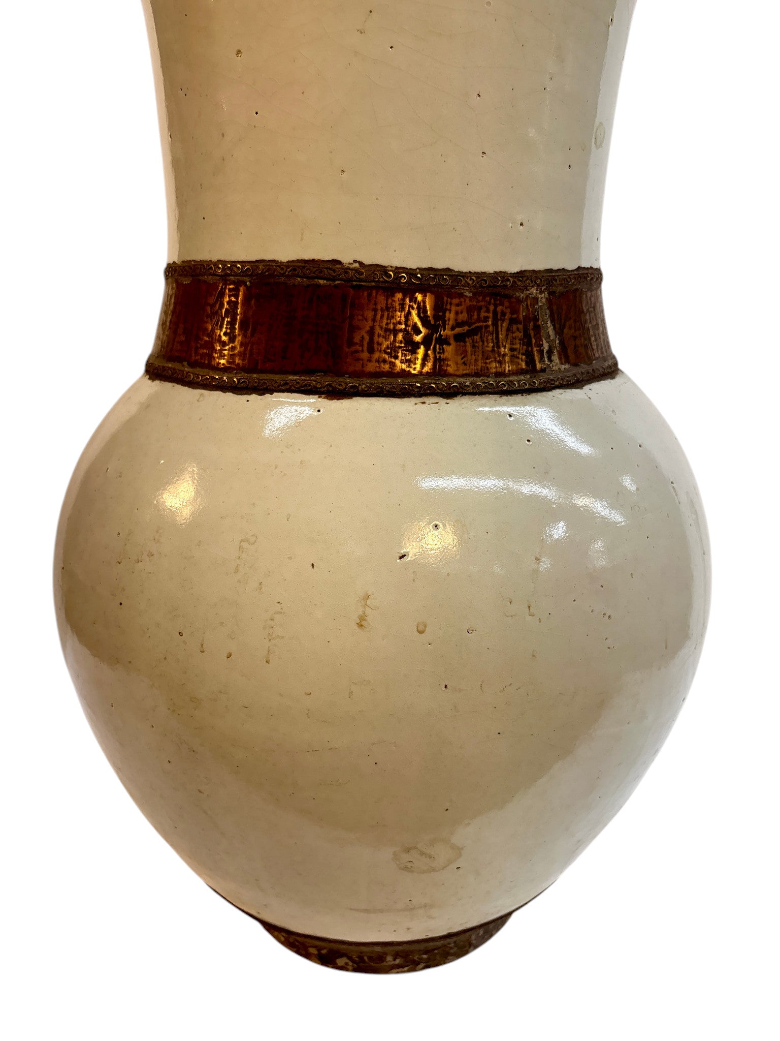 Moroccan Cream-Glazed Open Vase with Copper Rim and Waist Band