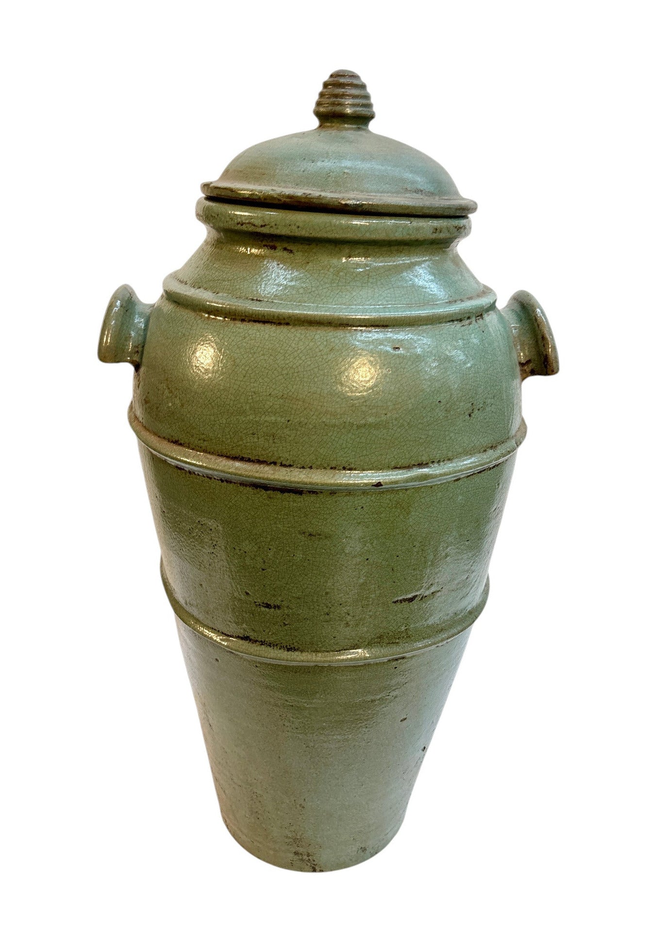 Moroccan Celadon-Glazed Lidded Storage Jar with Stub Handles