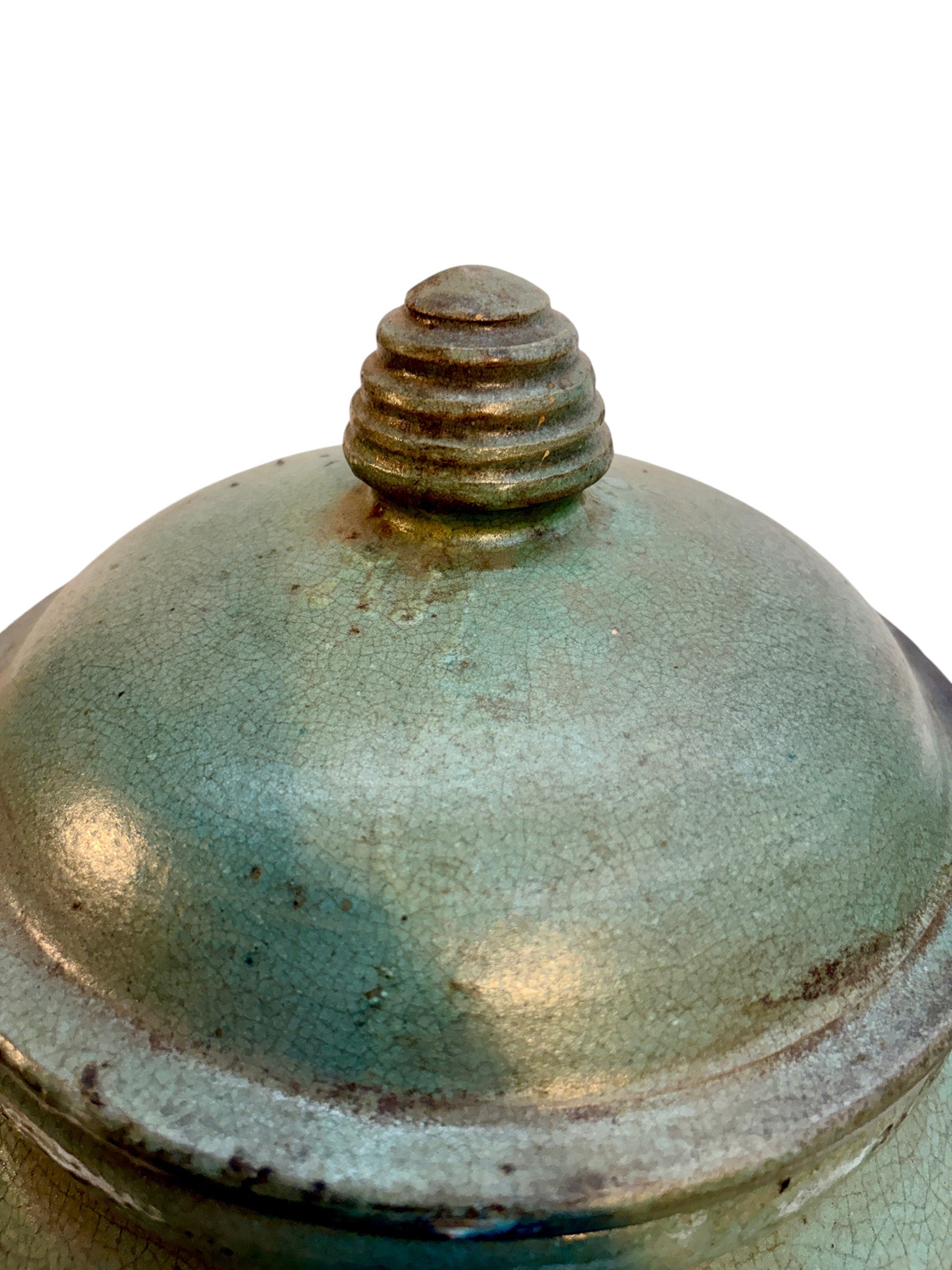 Moroccan Celadon-Glazed Lidded Storage Jar with Stub Handles