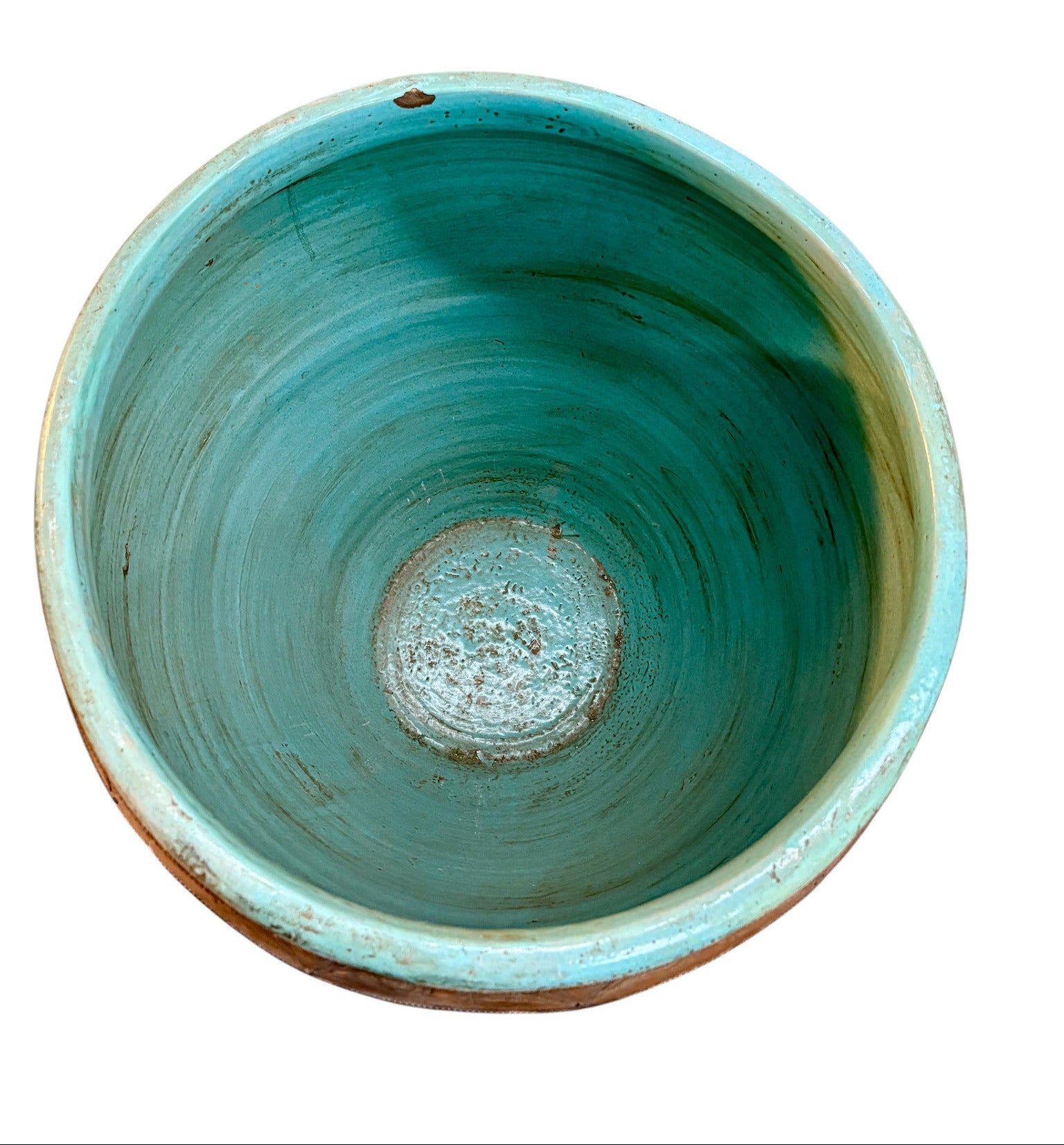 Large Moroccan Turquoise-Glazed Open Planter with Brass Metalwork Band