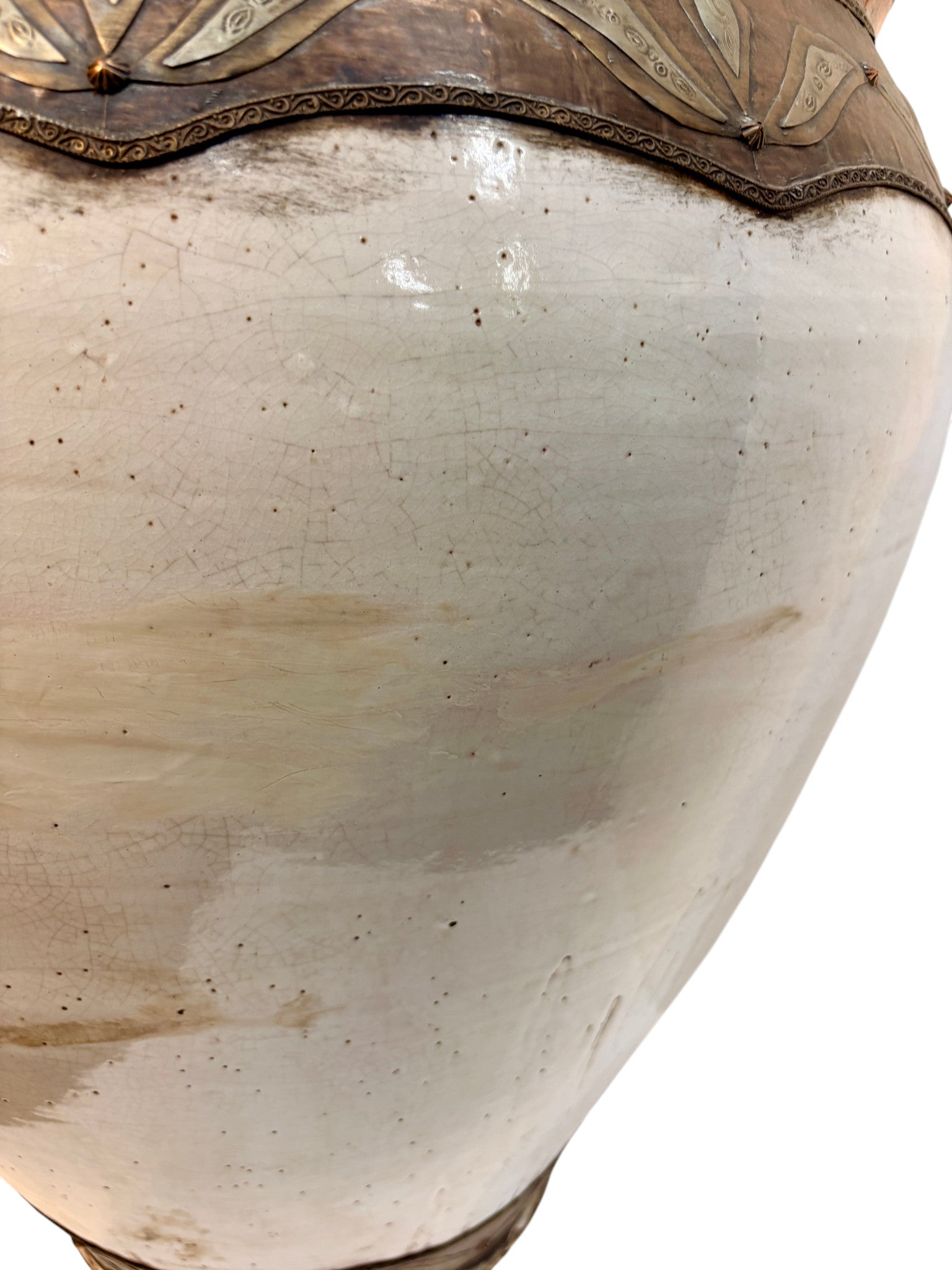 Large Moroccan Cream-Glazed Open Planter with Brass & Copper Metalwork Band