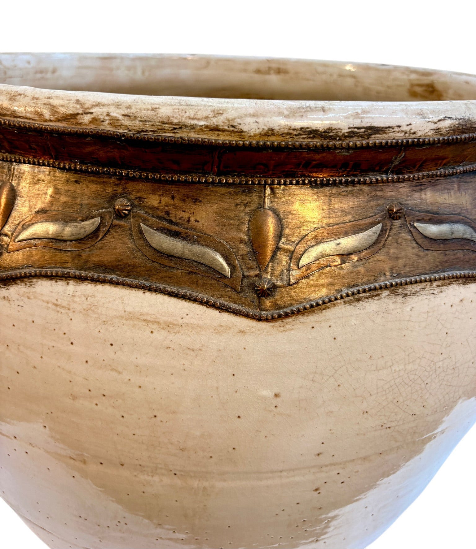 Moroccan Cream-Glazed Open Planter with Brass Leaf Metalwork Band