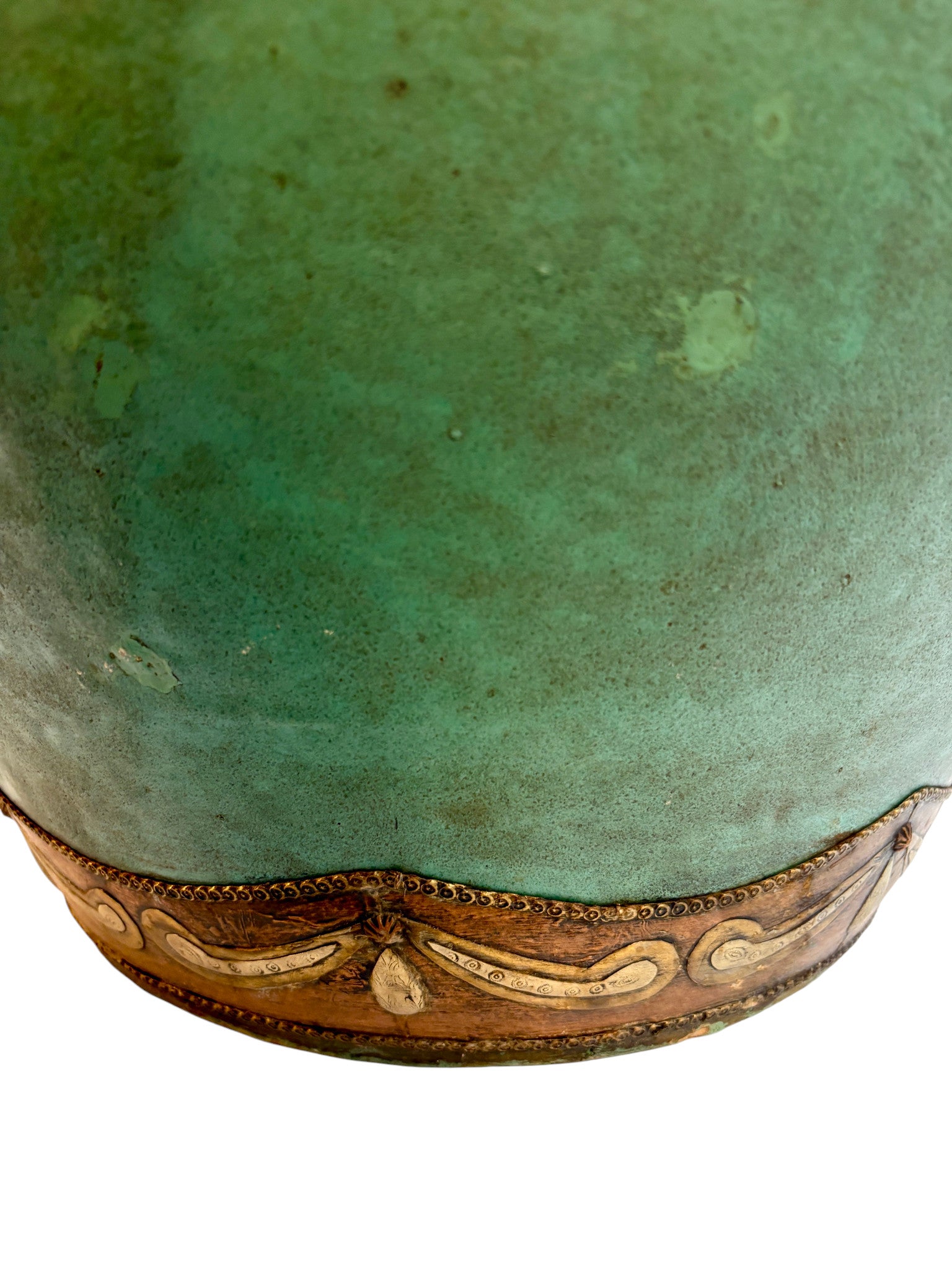 Large Moroccan Sage Green-Glazed Open Planter with Copper Metalwork Band