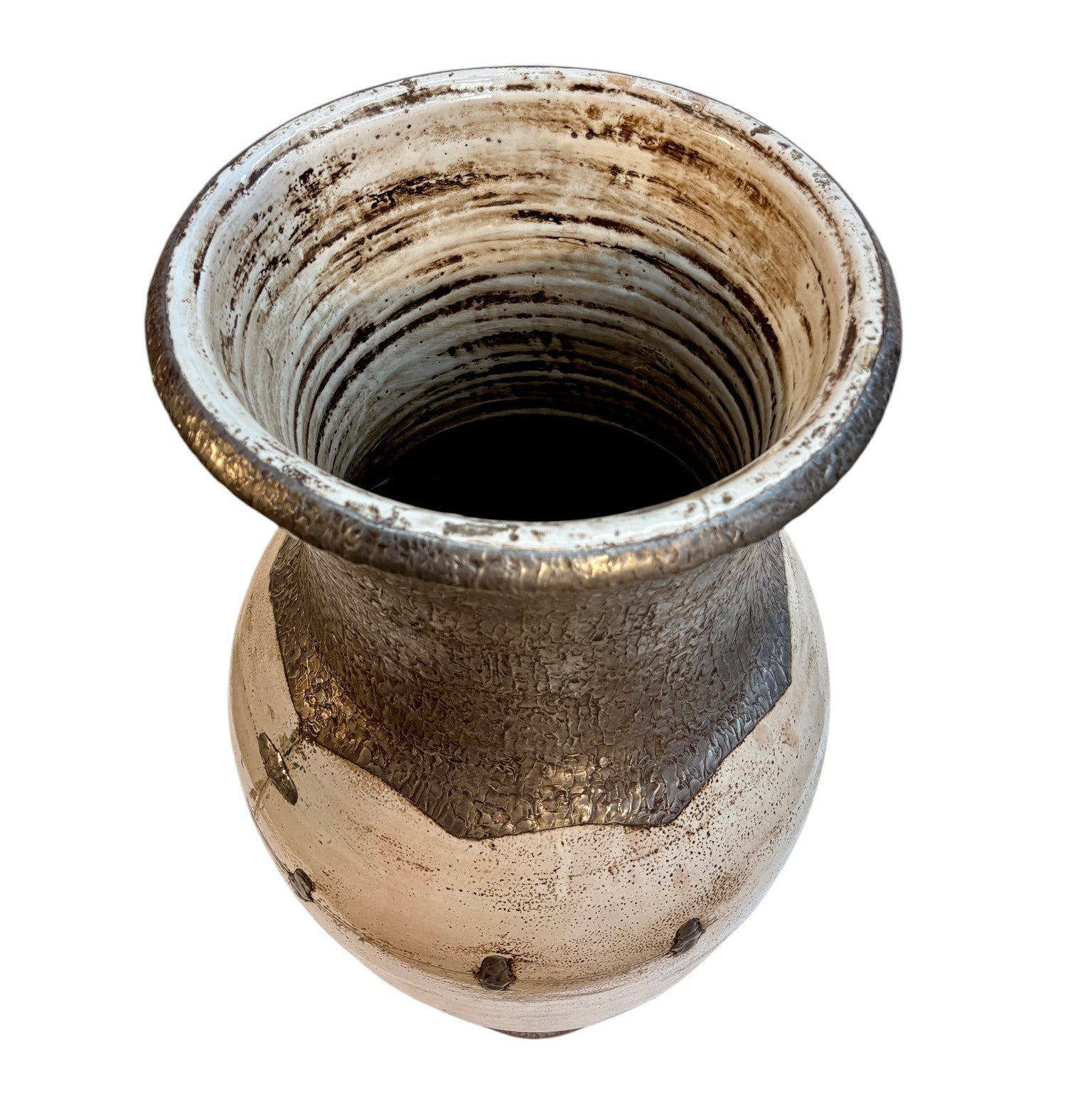 Tall Moroccan Cream & Bronze Metalwork Open Floor Vase with Riveted Waist