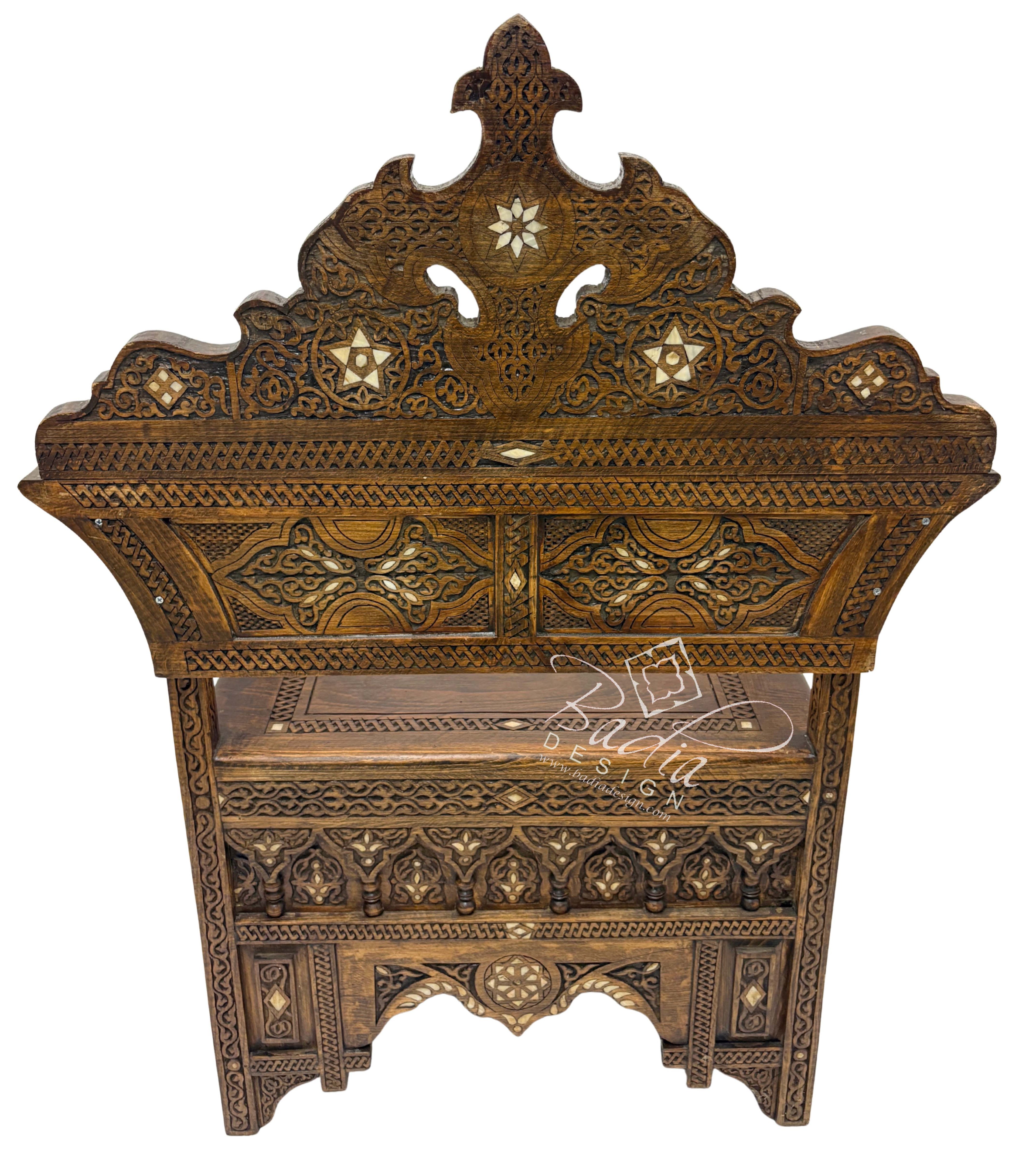 Hand Carved Wooden Chair with Mother of Pearl Inlay