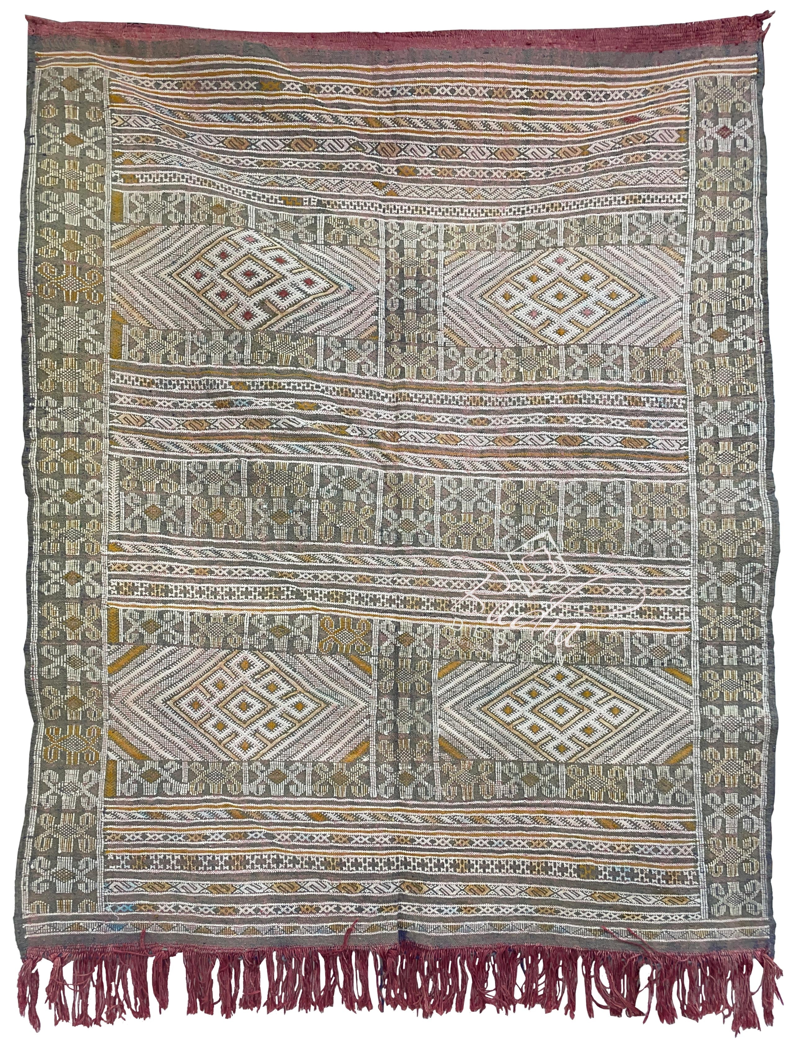 Small Olive Green and Red Moroccan Kilim Rug