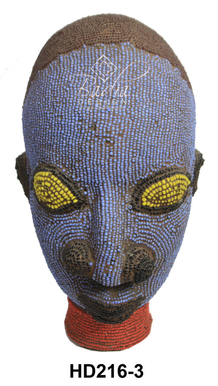 Blue beaded head with yellow eyes on a white background