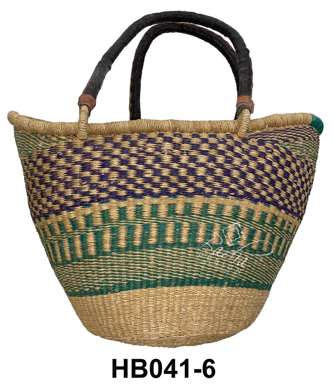Woven raffia handbag with colorful purple and green patterns and leather handles.