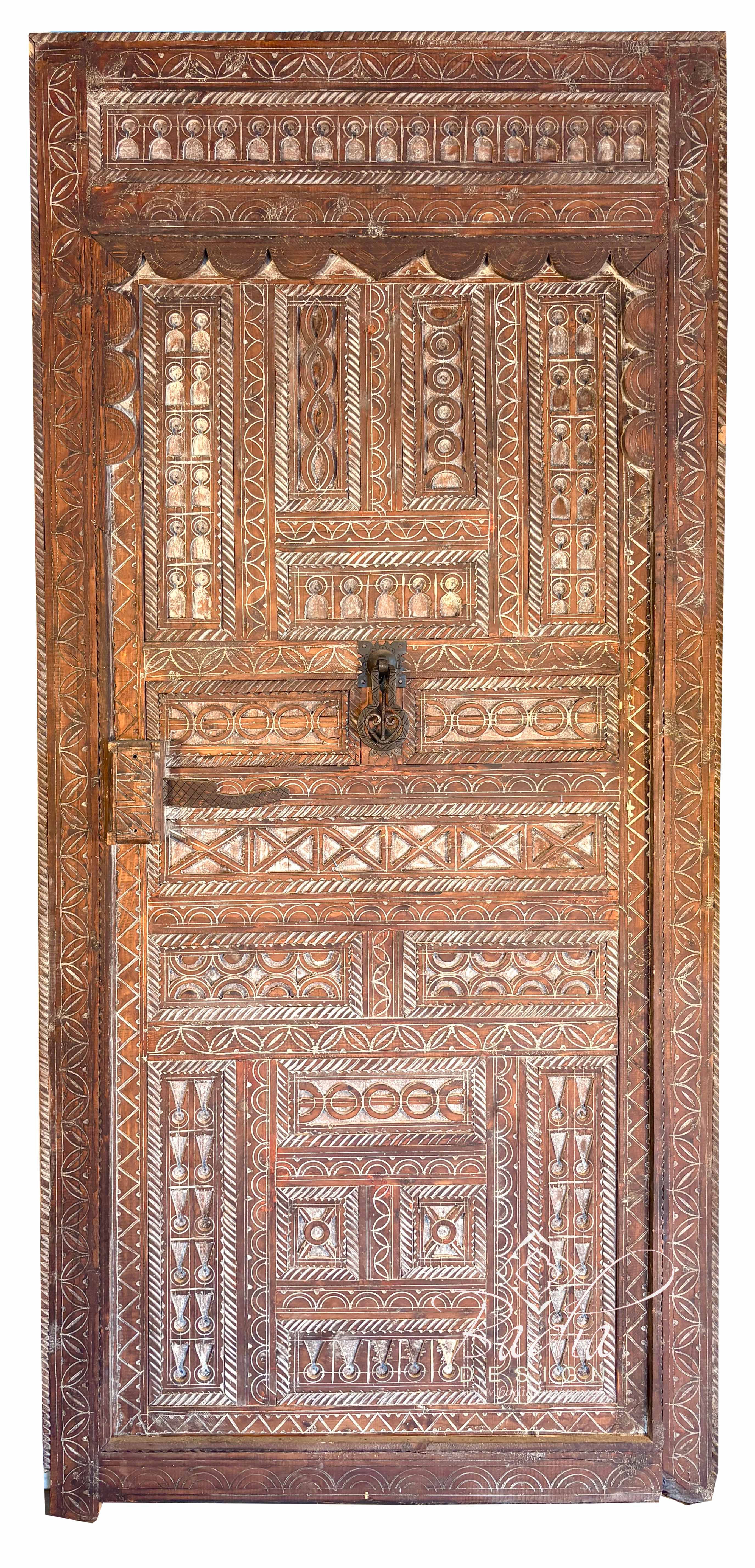 Traditional Moroccan Wooden Door with Detailed Hand Carved Motifs