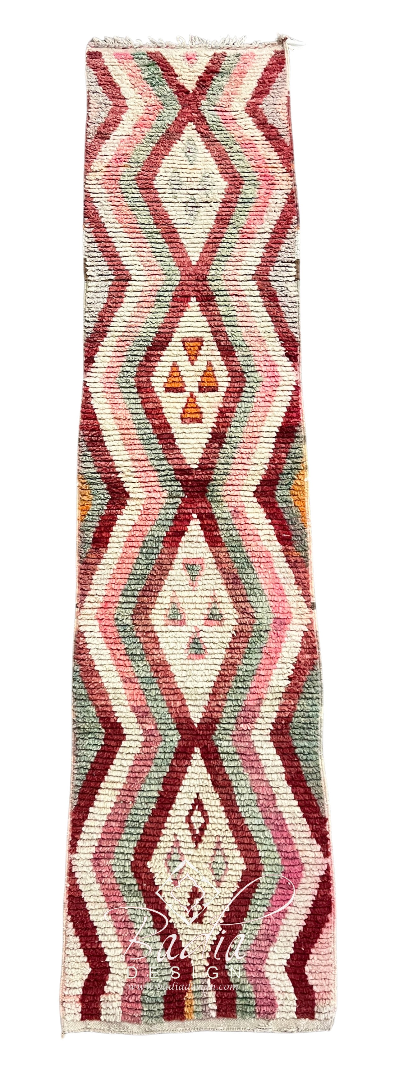 Cream Moroccan Runner Rug with Burgundy Geometric Designs
