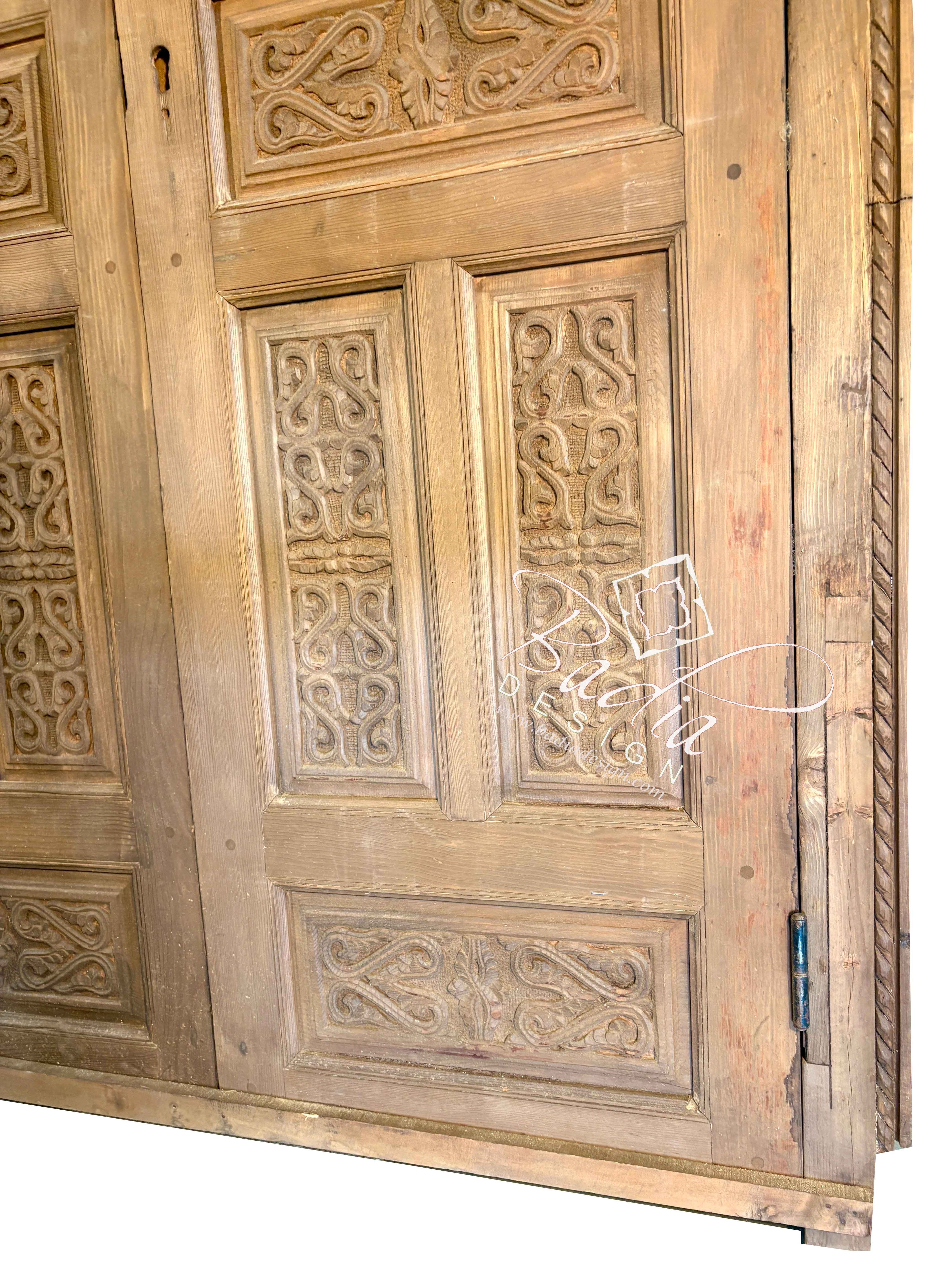 Arched Hand Carved Wooden Double Door with Colored Glass Transom