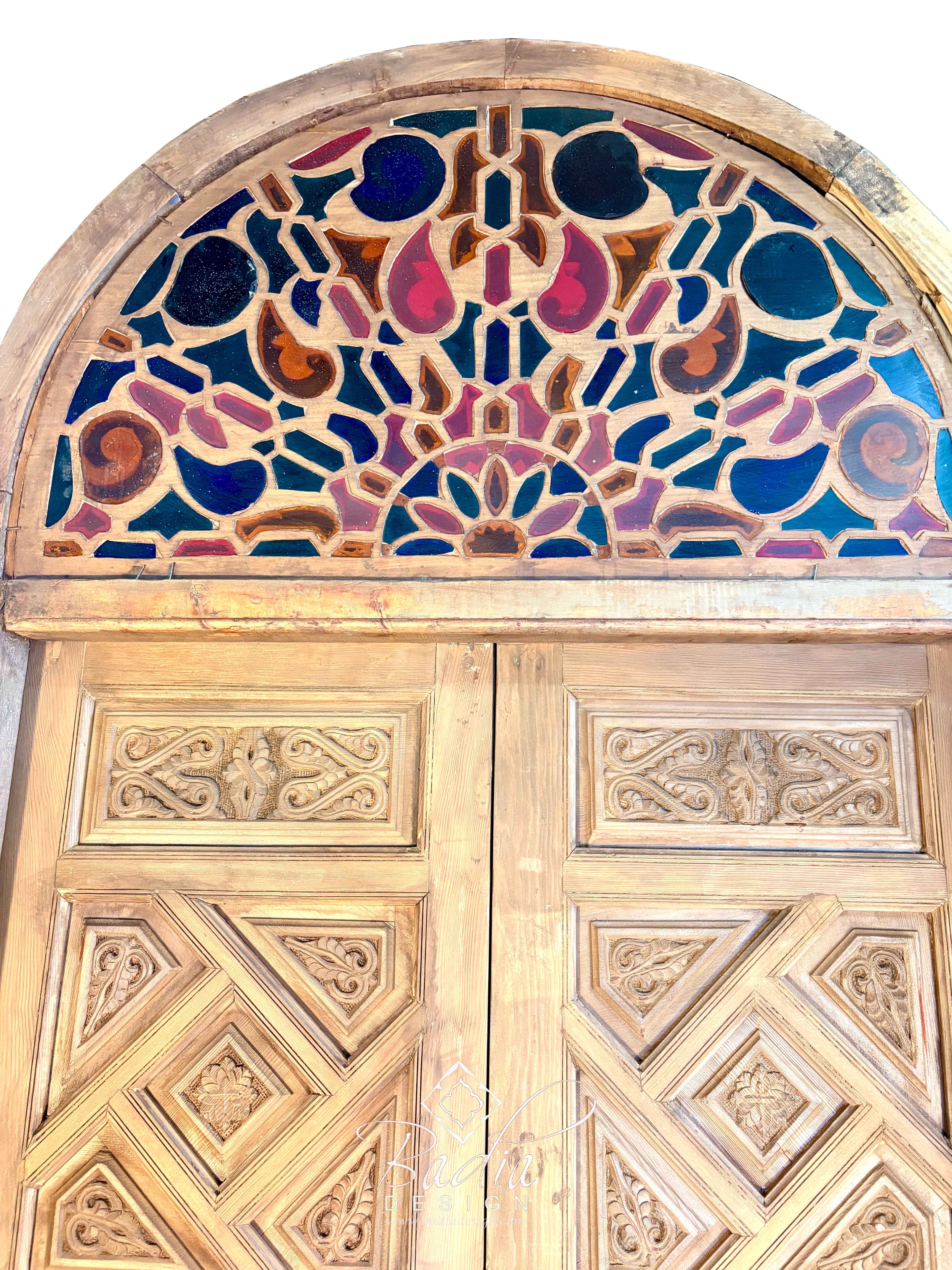 Arched Hand Carved Wooden Double Door with Colored Glass Transom
