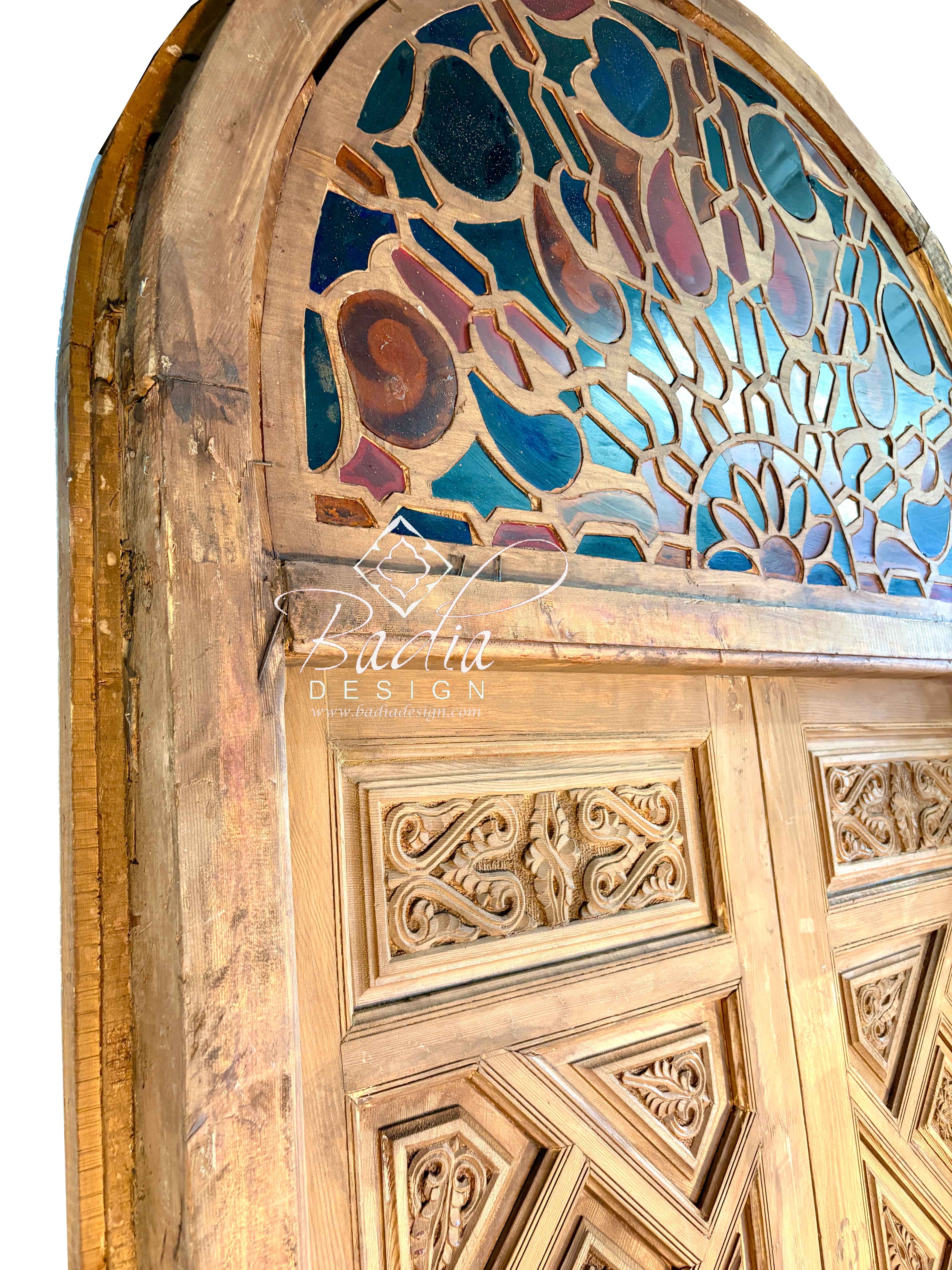 Arched Hand Carved Wooden Double Door with Colored Glass Transom