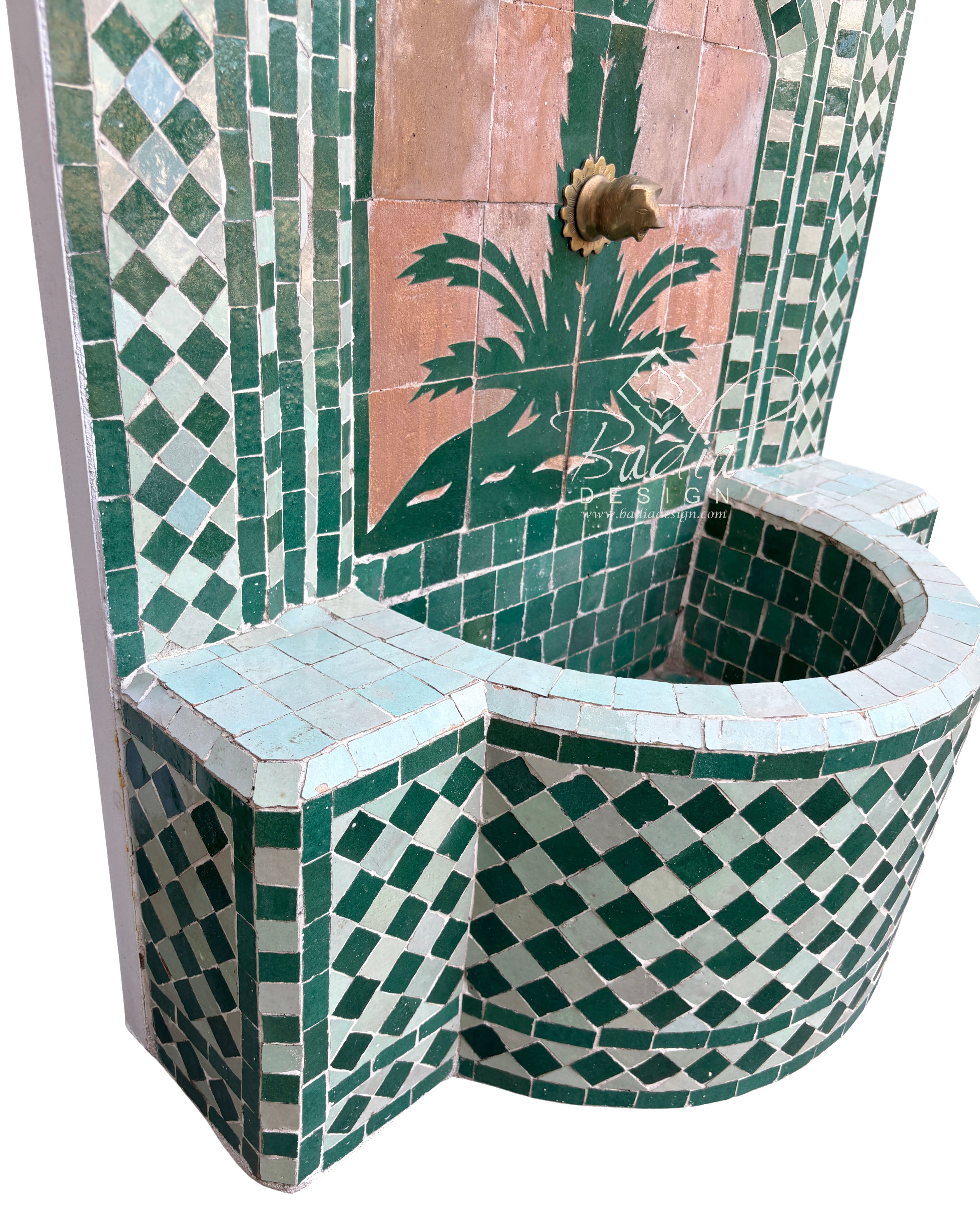 Moroccan Green Water Fountain with Tree of Life Design
