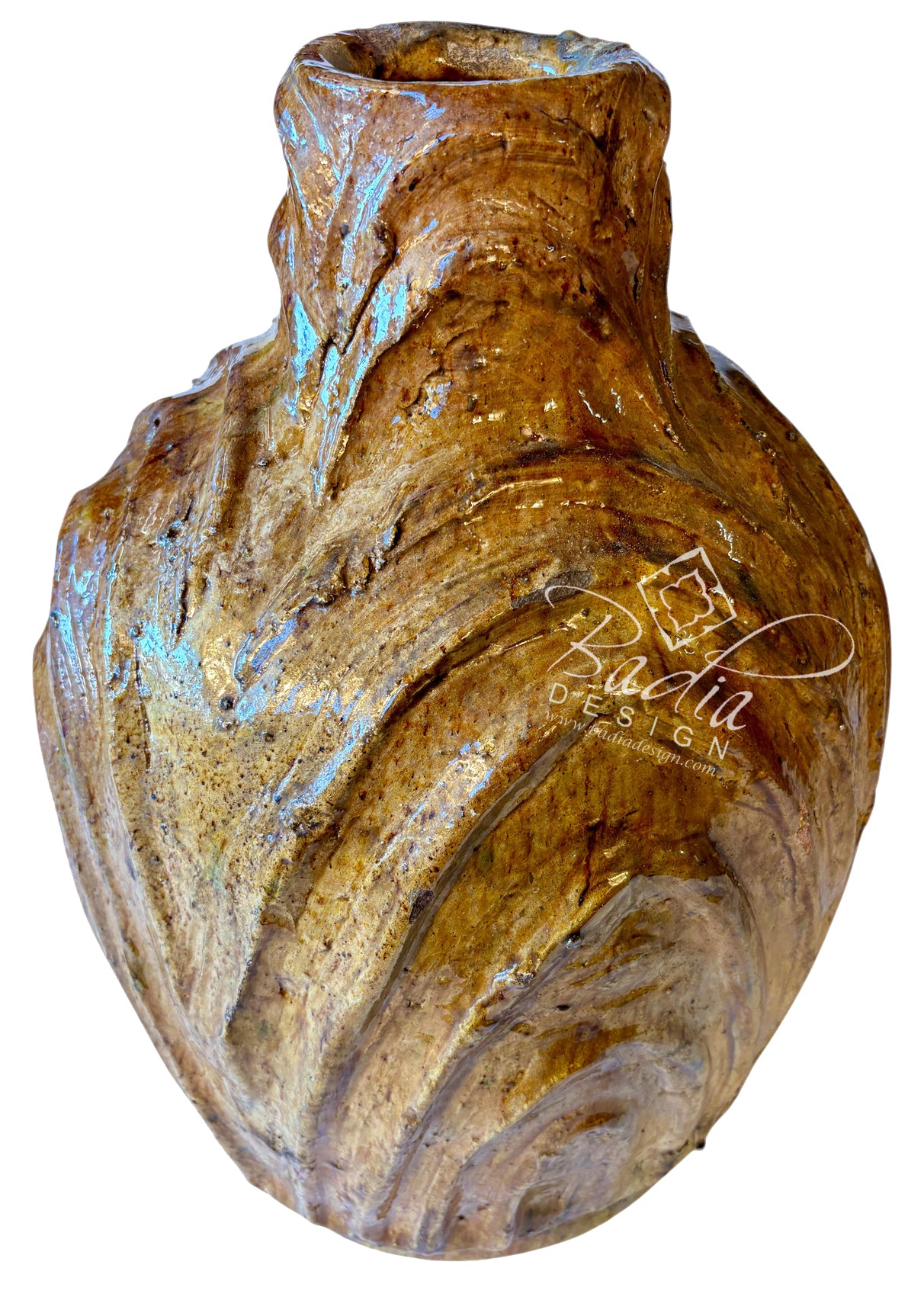 A rustic, organic-shaped ceramic vase with a highly textured, sculpted surface resembling polished wood or stone. It features a rich color palette of earthy brown, golden-brown, and amber tones with subtle iridescent blue-green highlights on the left side, set against a plain white background.