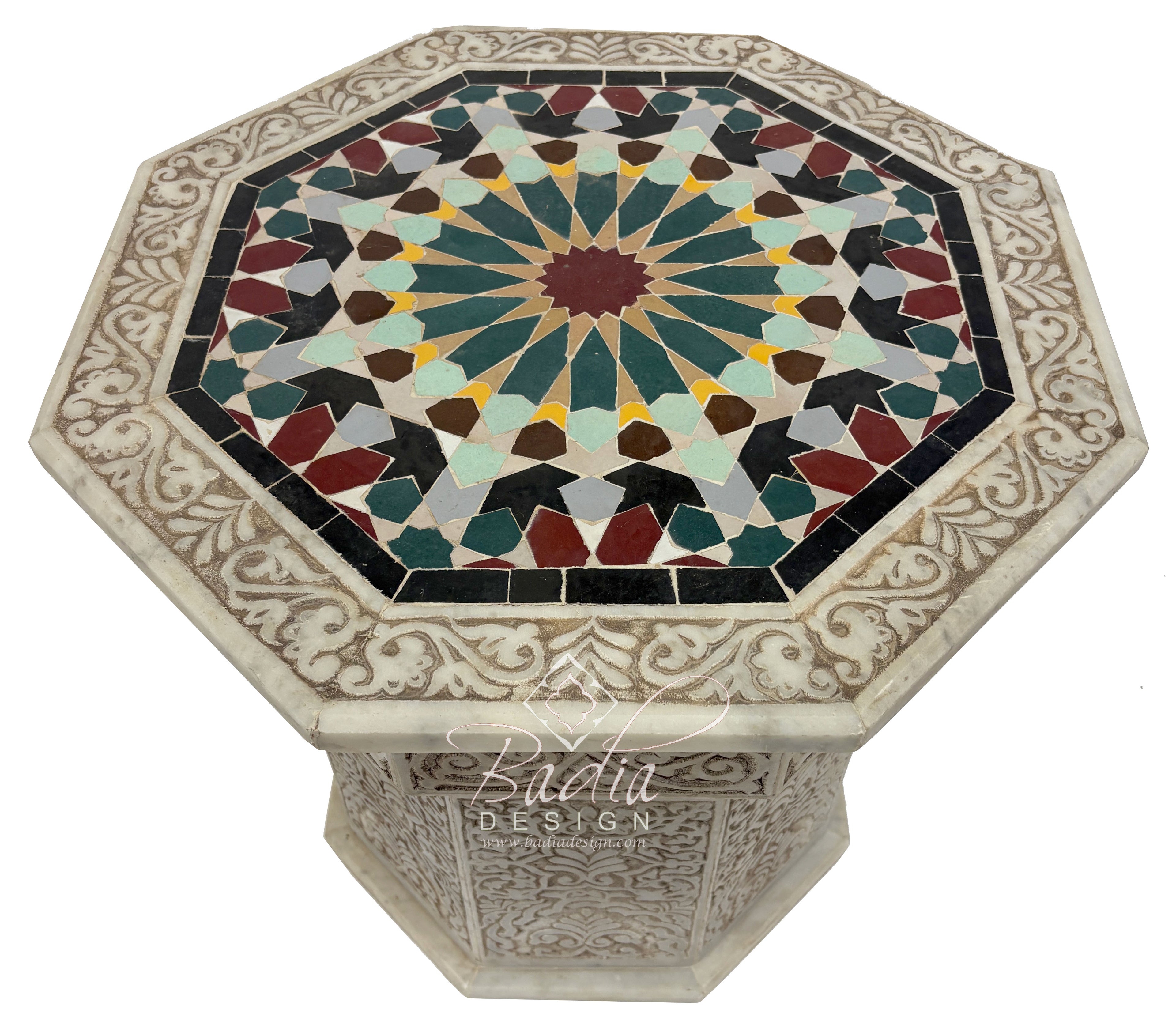 Hand Carved Marble Side Table with Hand Painted Zellige Tile Top
