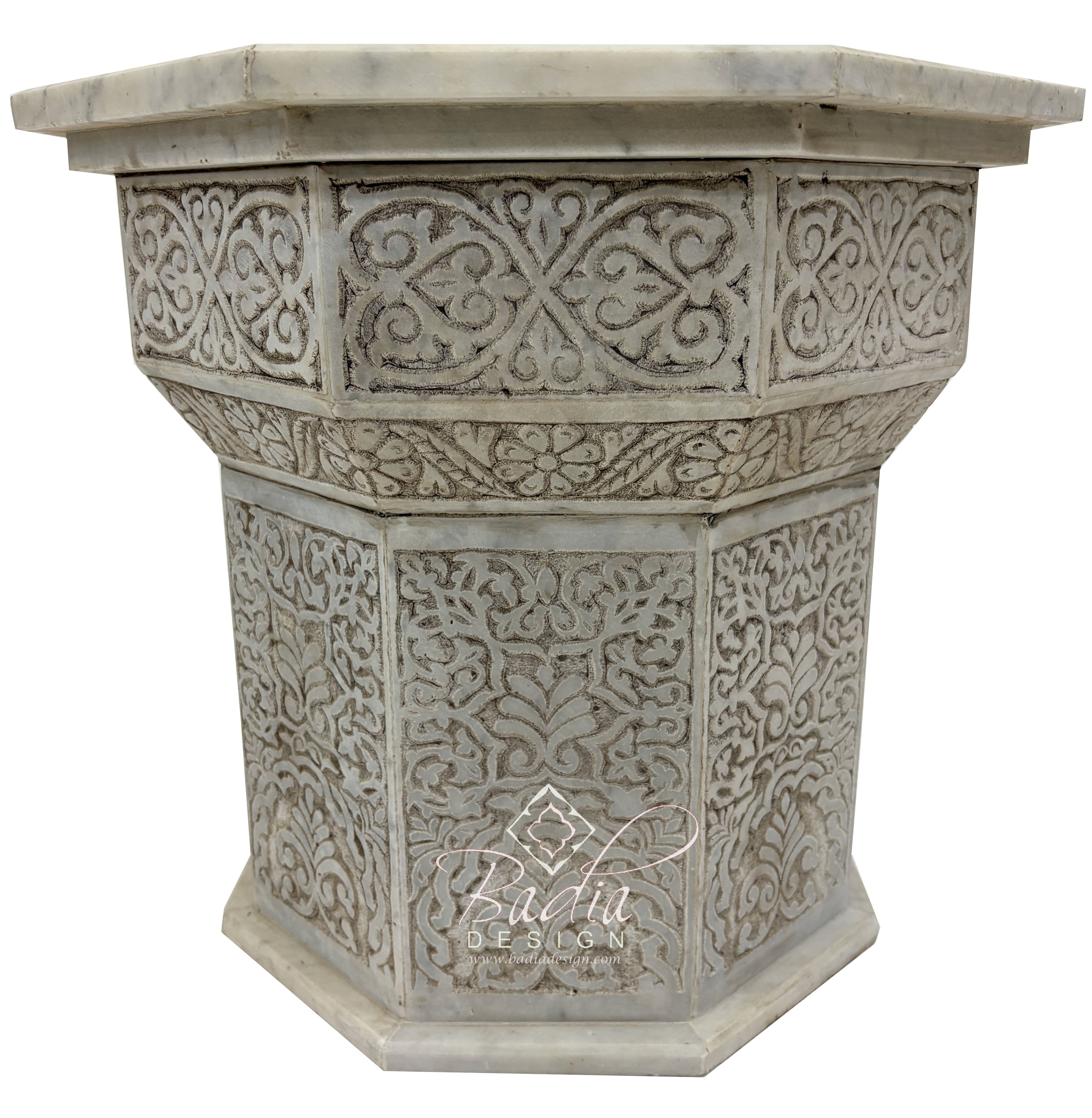 Hand Carved Marble Side Table with Zellige Tile Top