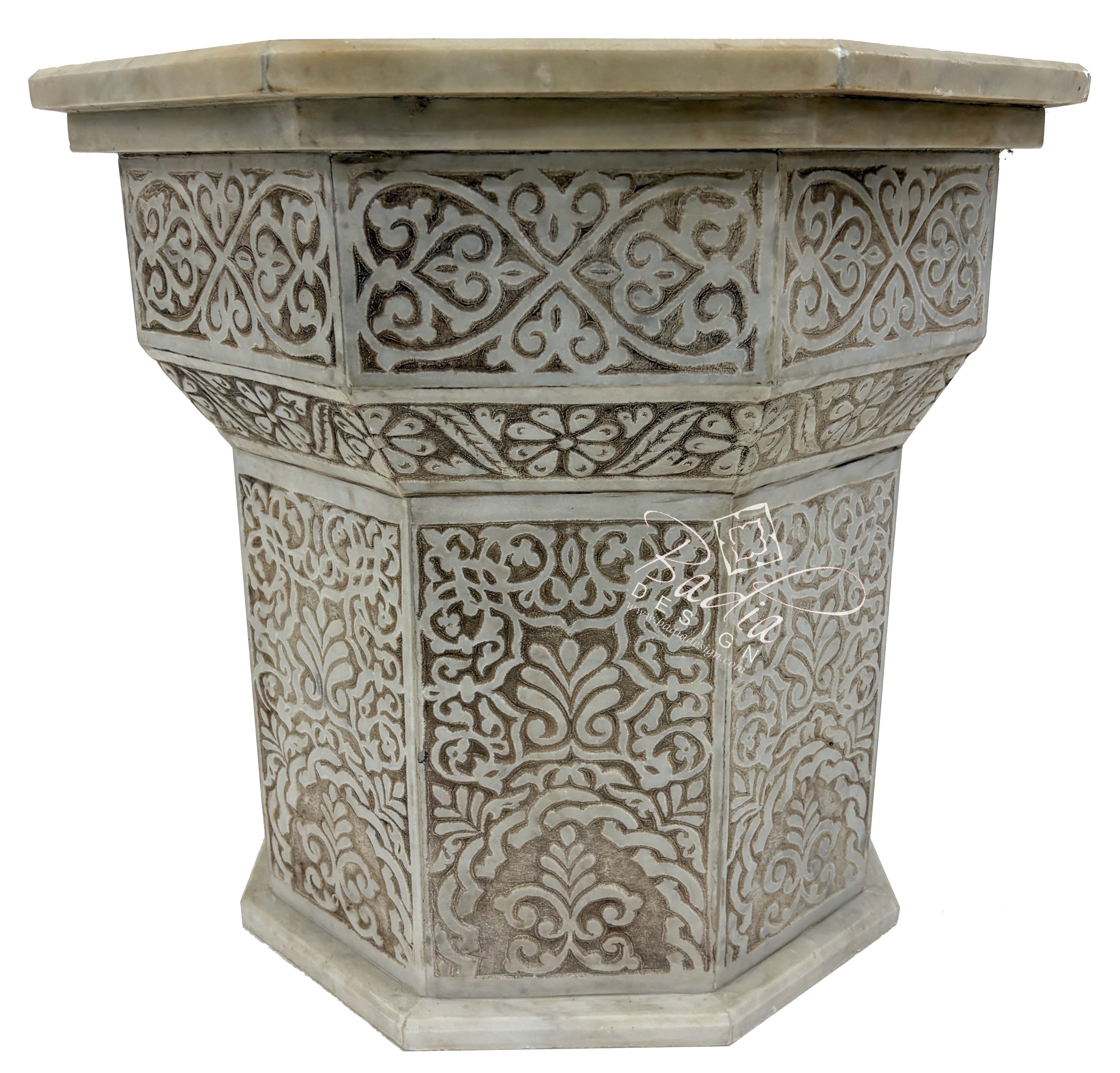 Hand Carved Marble Side Table with Zellige Tile Top