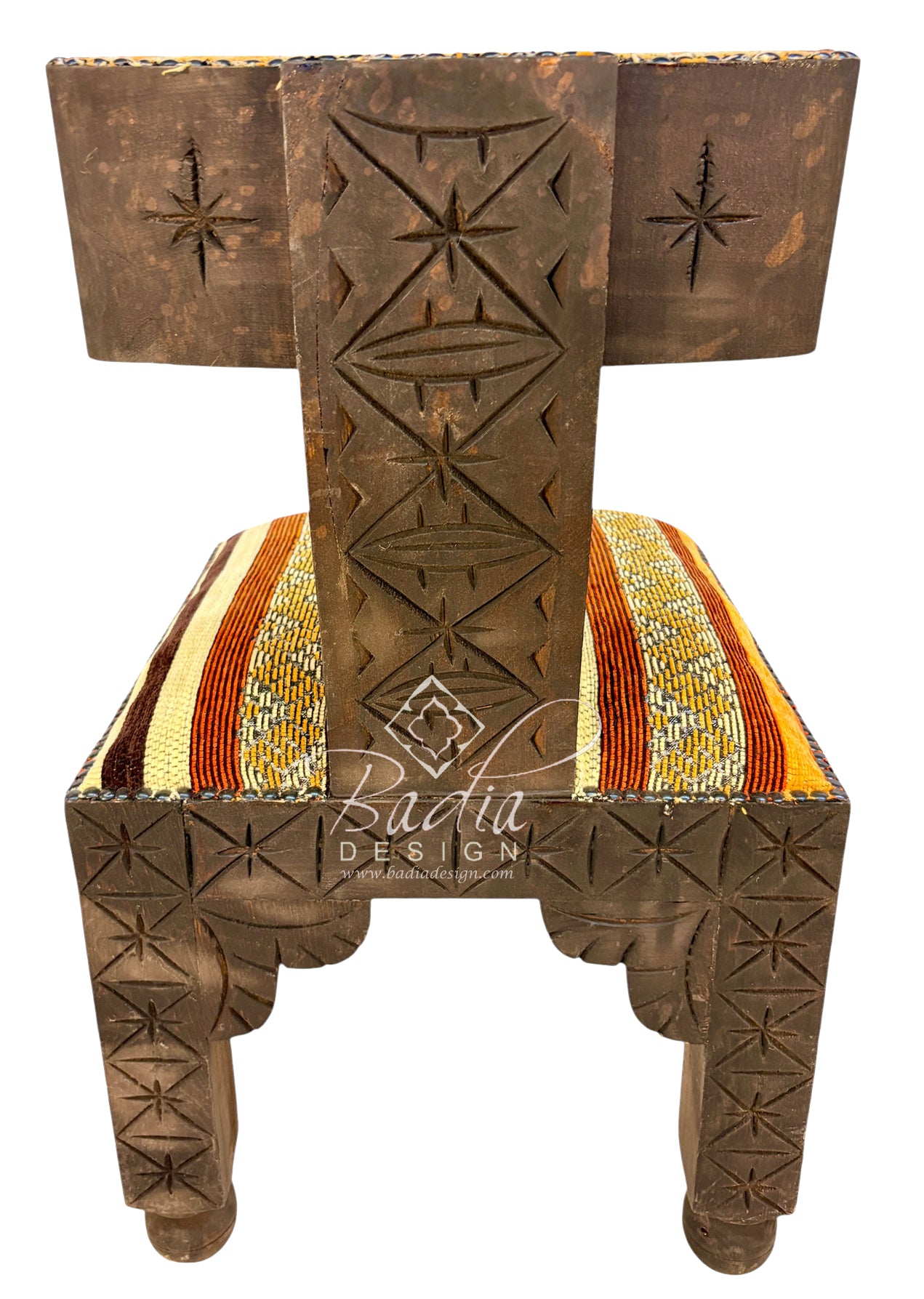 Hand-Carved Wooden Chair with Striped Upholstery