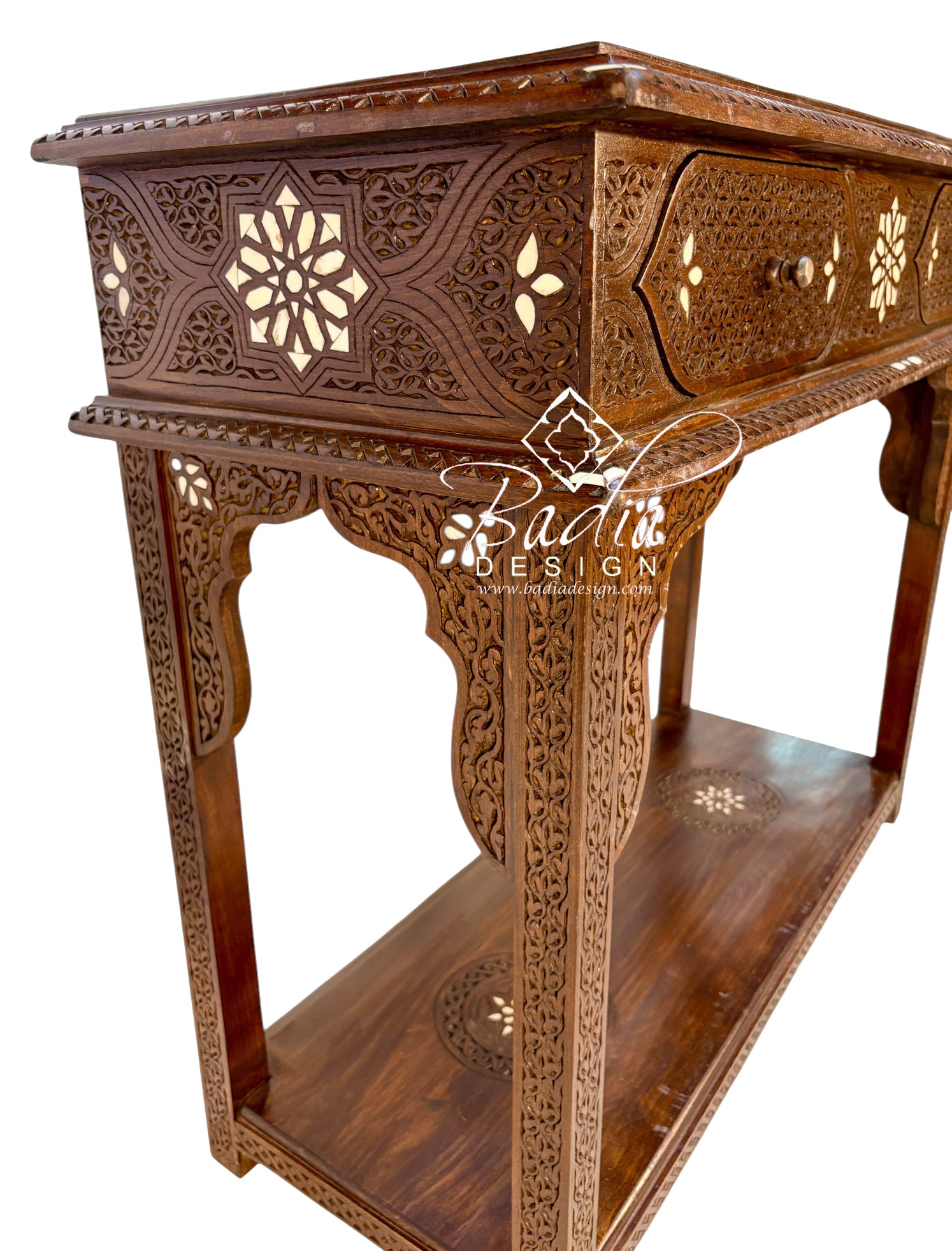 Hand-Carved Wooden Console with Mother-of-Pearl Inlay