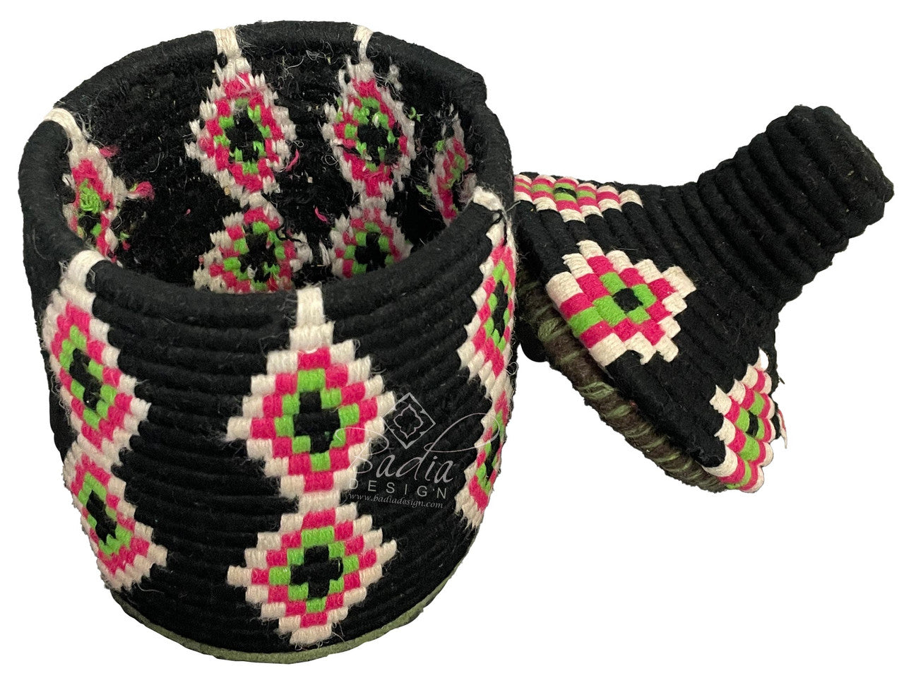 Woven basket with colorful geometric pattern on a white background