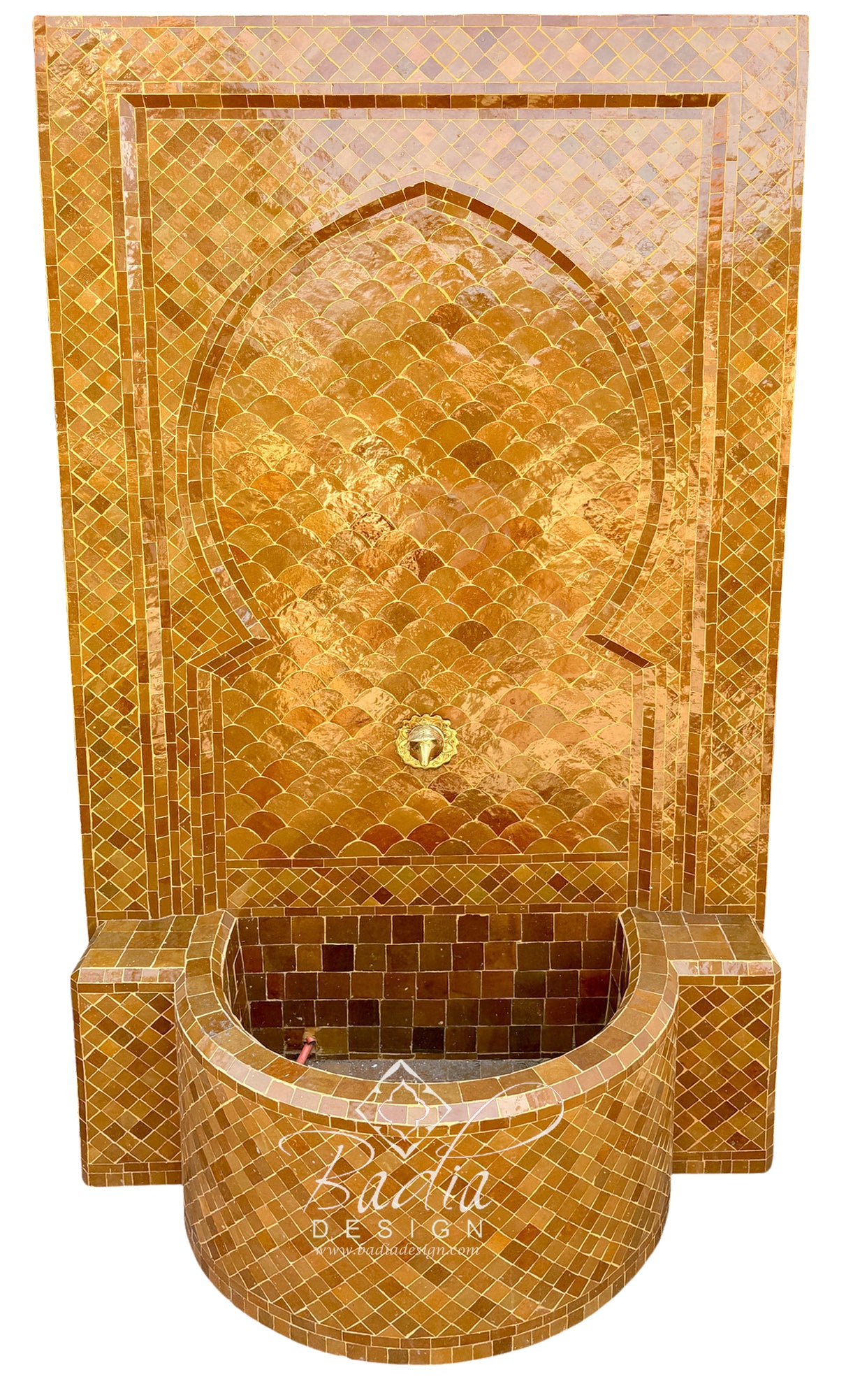 A Moorish-style mosaic fountain wall with a curved basin and arched niche, covered in shimmering gold and amber tiles, shown on a plain white background.