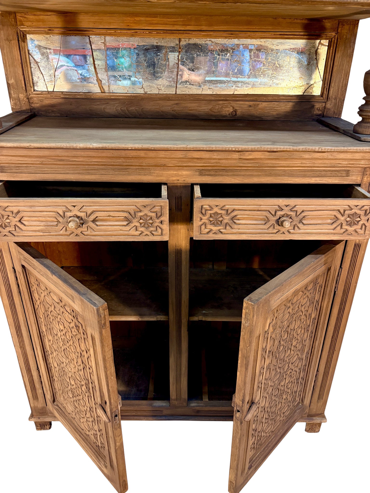 Large Hand-Carved Wooden Cabinet with Hutch