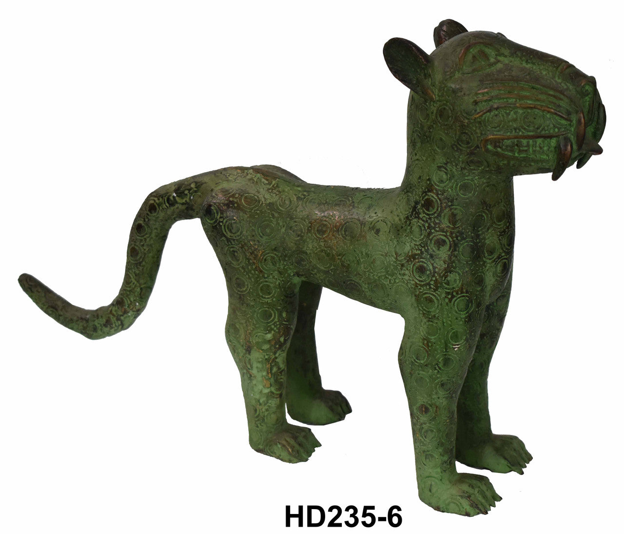 Green Coated Solid Metal Sculpted African Saber-Toothed Tigers