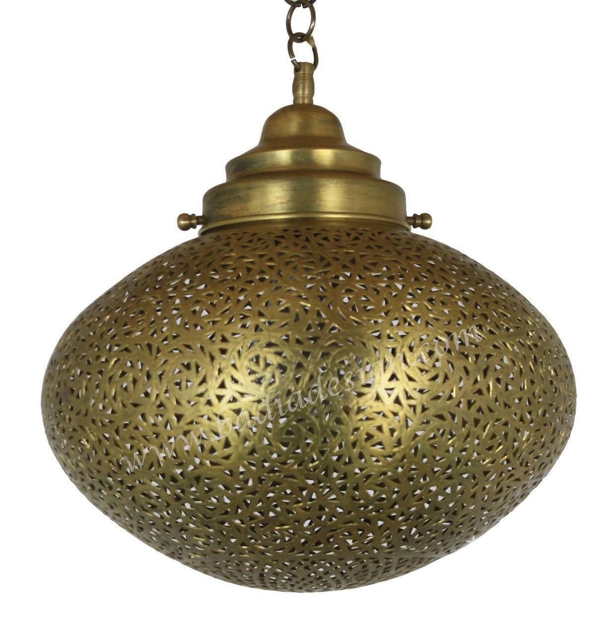 Decorative brass pendant light with intricate patterns on a white background