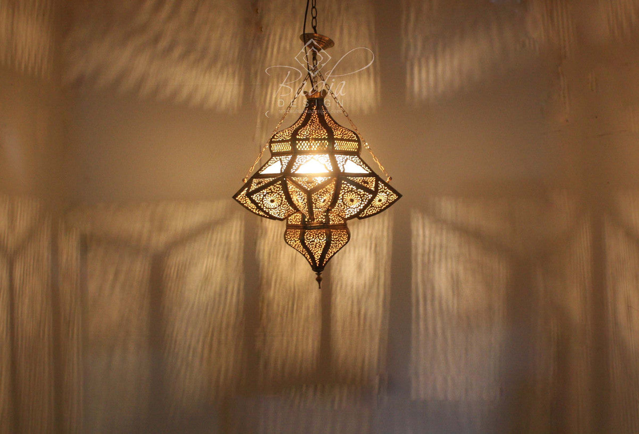 Decorative hanging lamp casting shadows on a wall