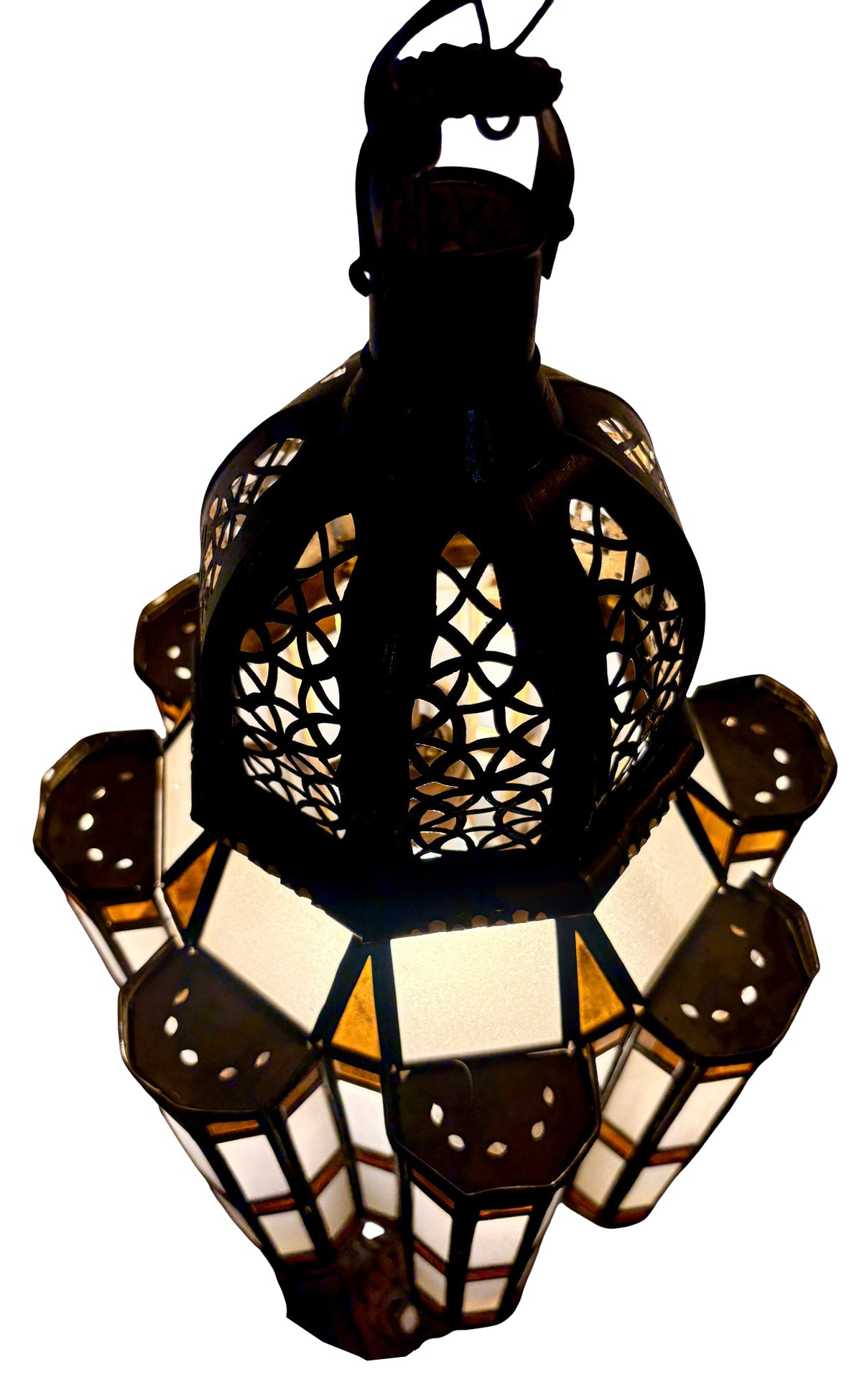 Brass Floor Lantern with White and Amber Glass