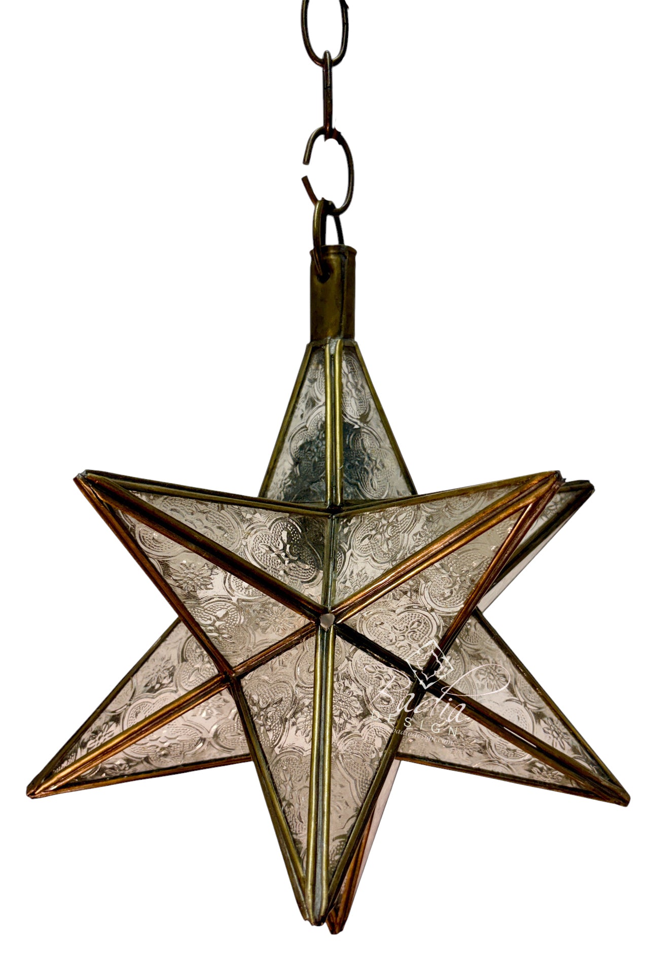 A five-pointed star-shaped hanging lantern with frosted clear glass panels and bronze-toned metal framing, suspended by a chain against a plain white background.