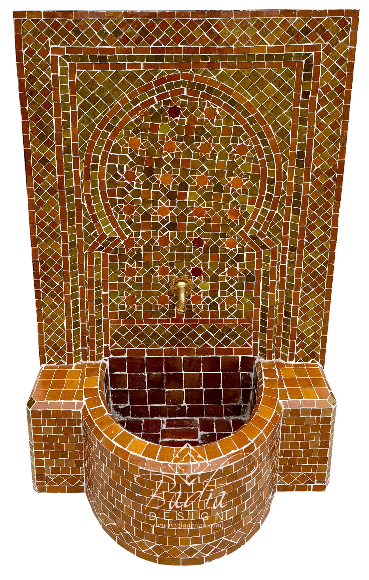 Moroccan Caramel Zellige Tile Wall Fountain with Inner Arched Design