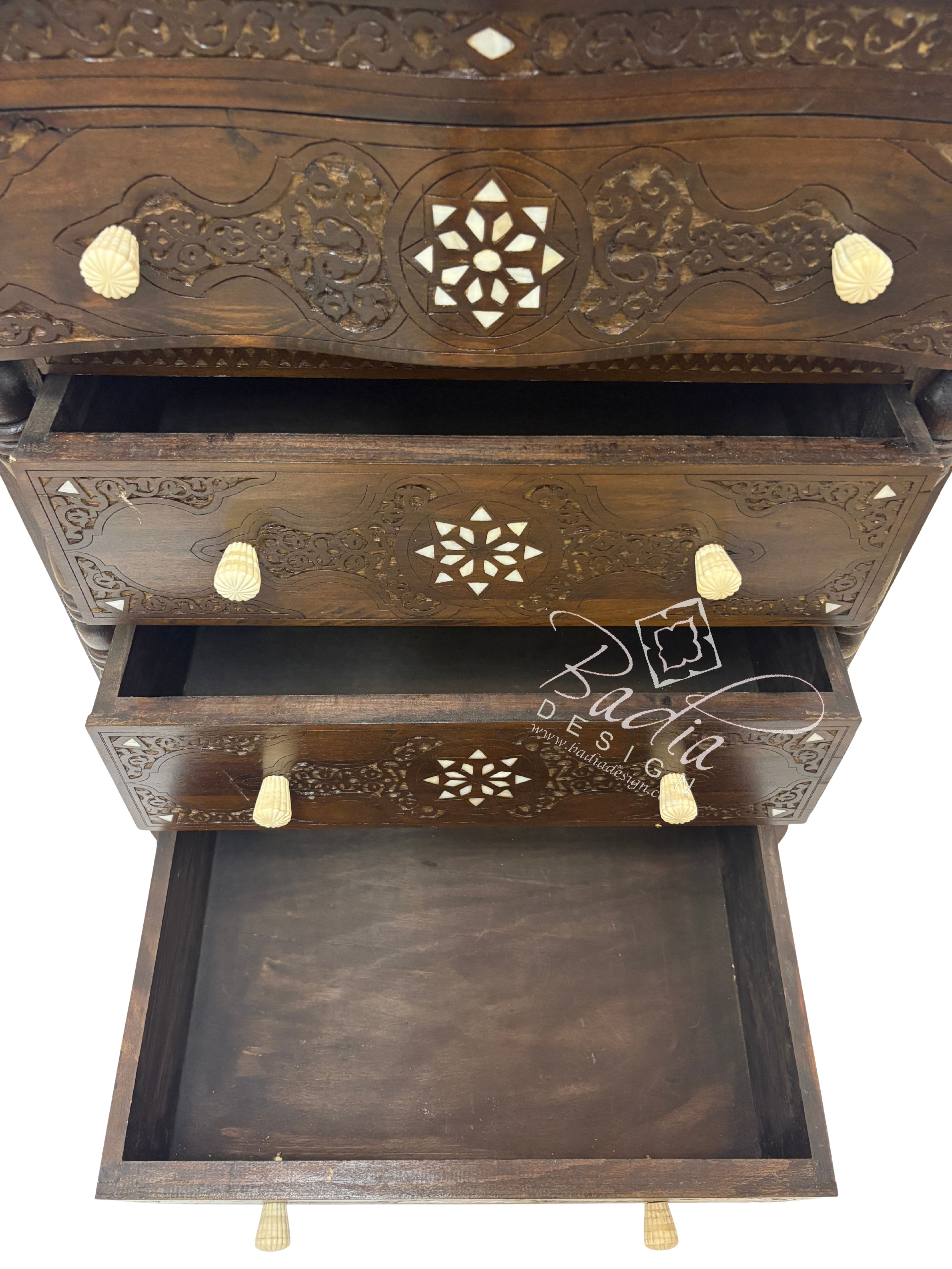 Carved Wood Bone Inlay Dark Stained Dresser