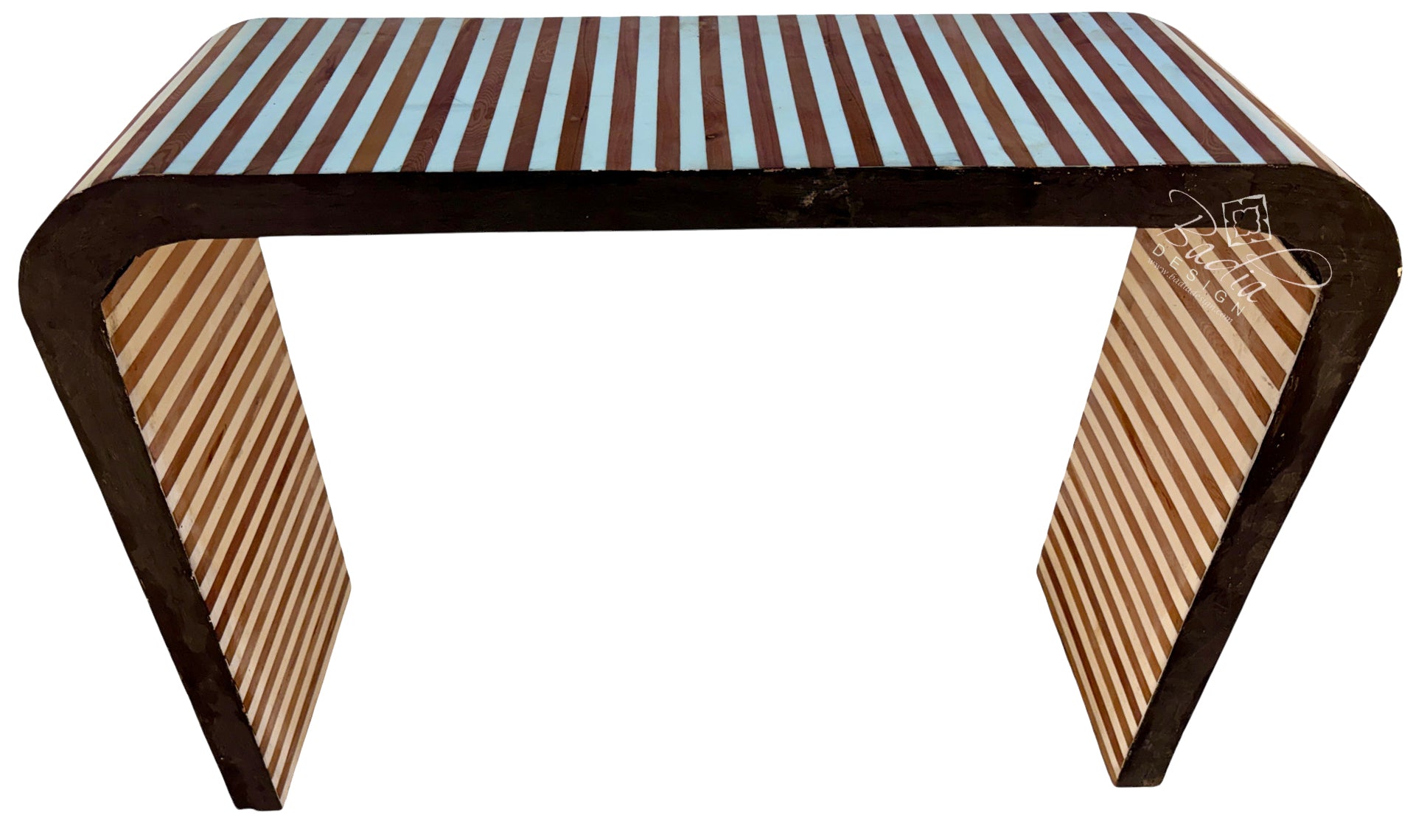 Cream and Medium Brown Striped Resin and Wood Console Table