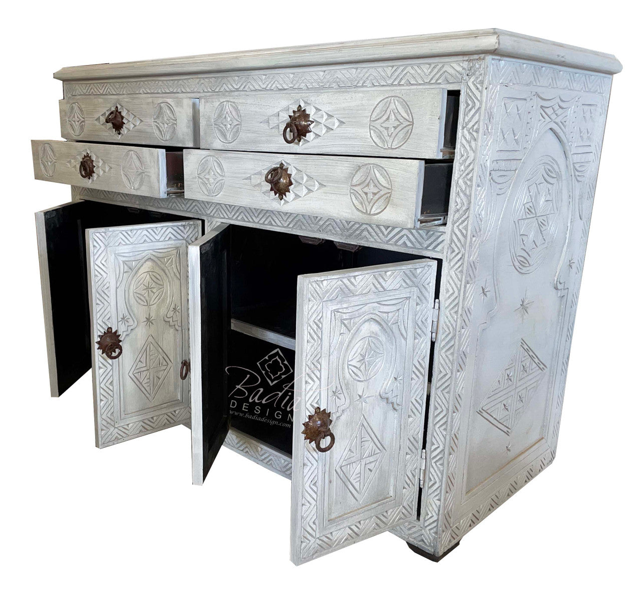 Gray Hand Painted Carved Wood Cabinet
