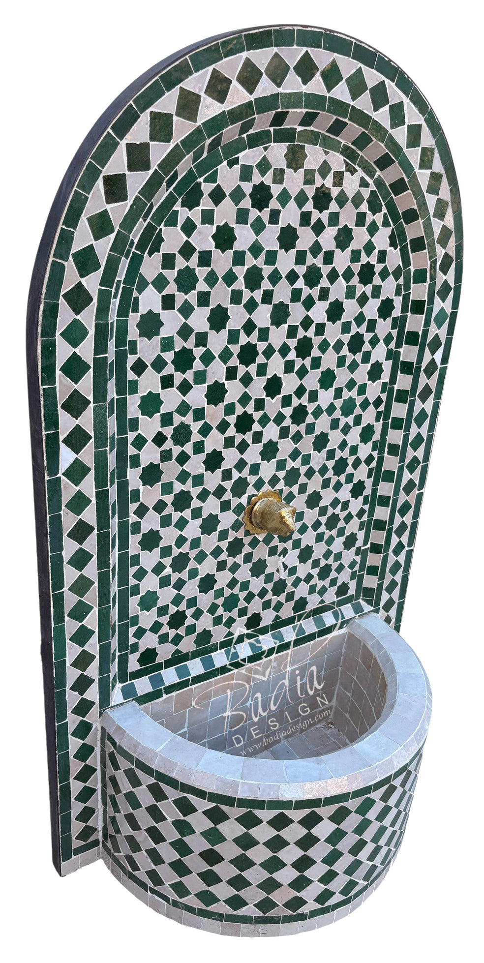 An arched Moroccan-style mosaic fountain wall with a matching curved basin, featuring green and white checkered tile patterns and a small brass spout.