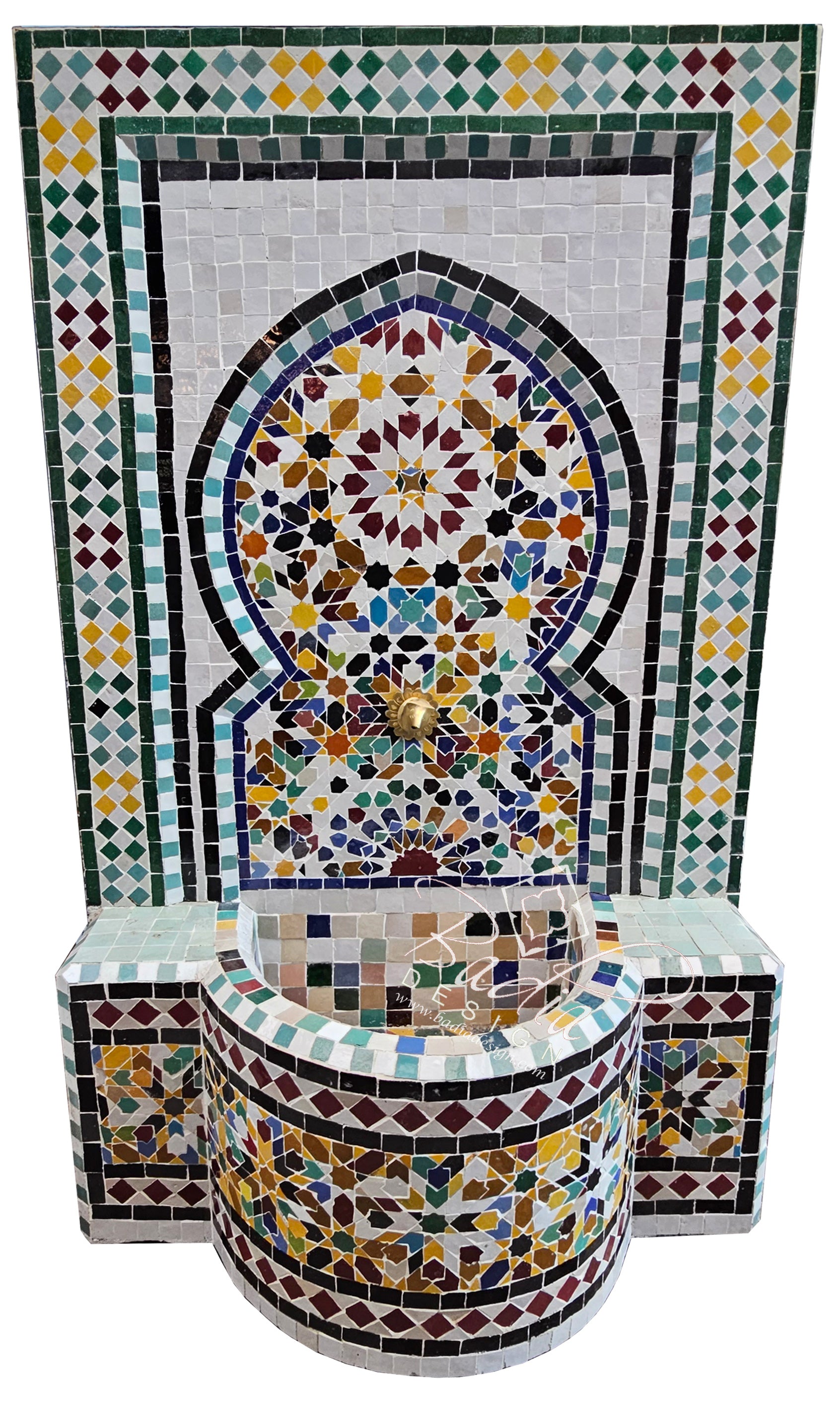Moroccan Green Multi-Color Mosaic Tile Water Fountain