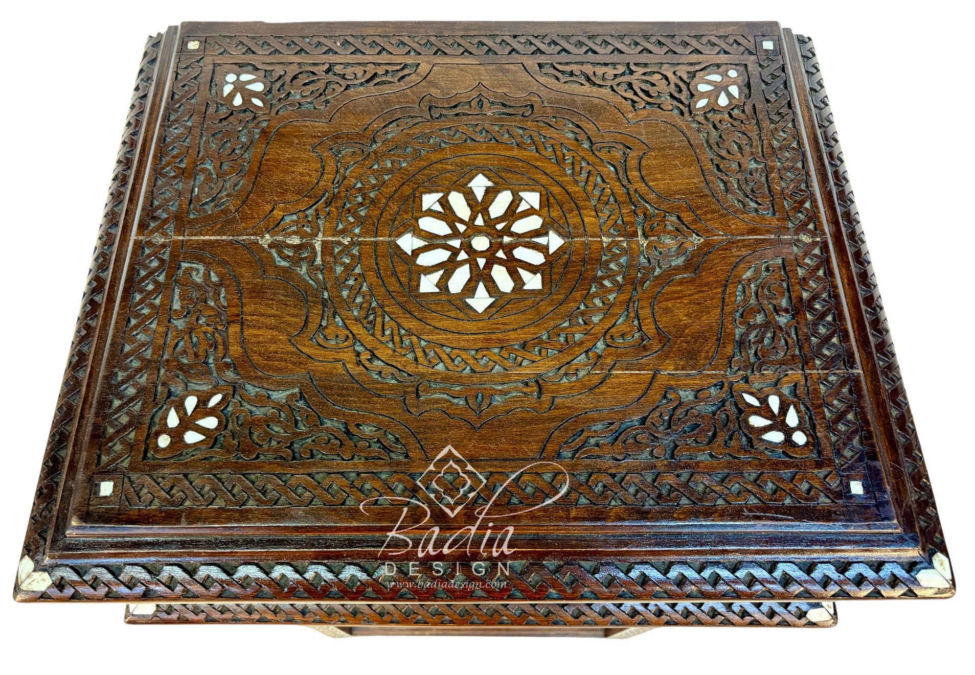 Hand-Carved Wooden Console with Mother-of-Pearl Inlay