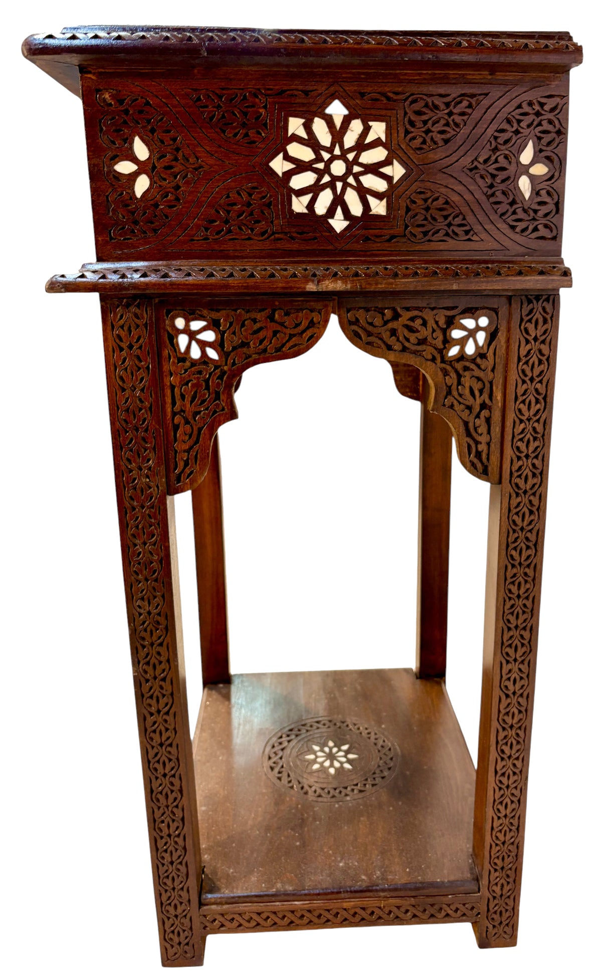 Hand-Carved Wooden Console with Mother-of-Pearl Inlay