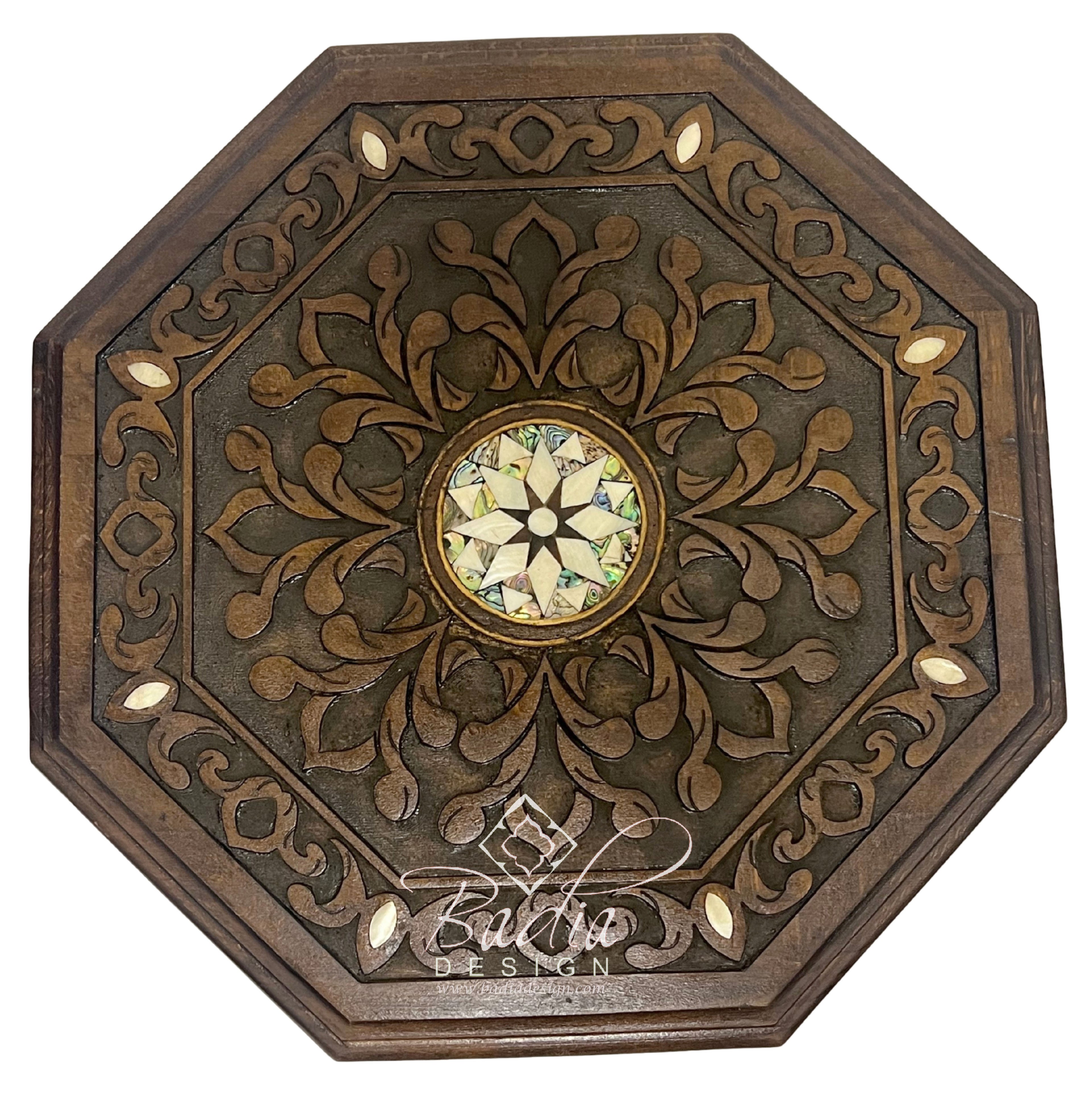 Tall Hand Carved Moroccan Wooden Side Table Top with Inlay