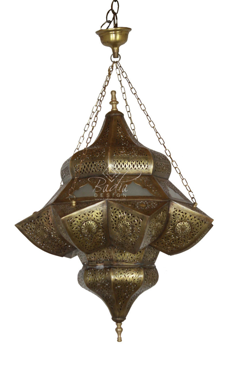 Hand Punched Brass Chandelier with White Glass