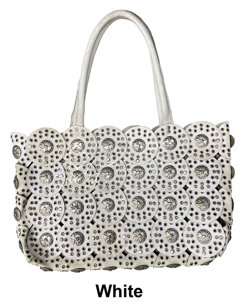 White Moroccan Leather and Metal-Studded Handbag