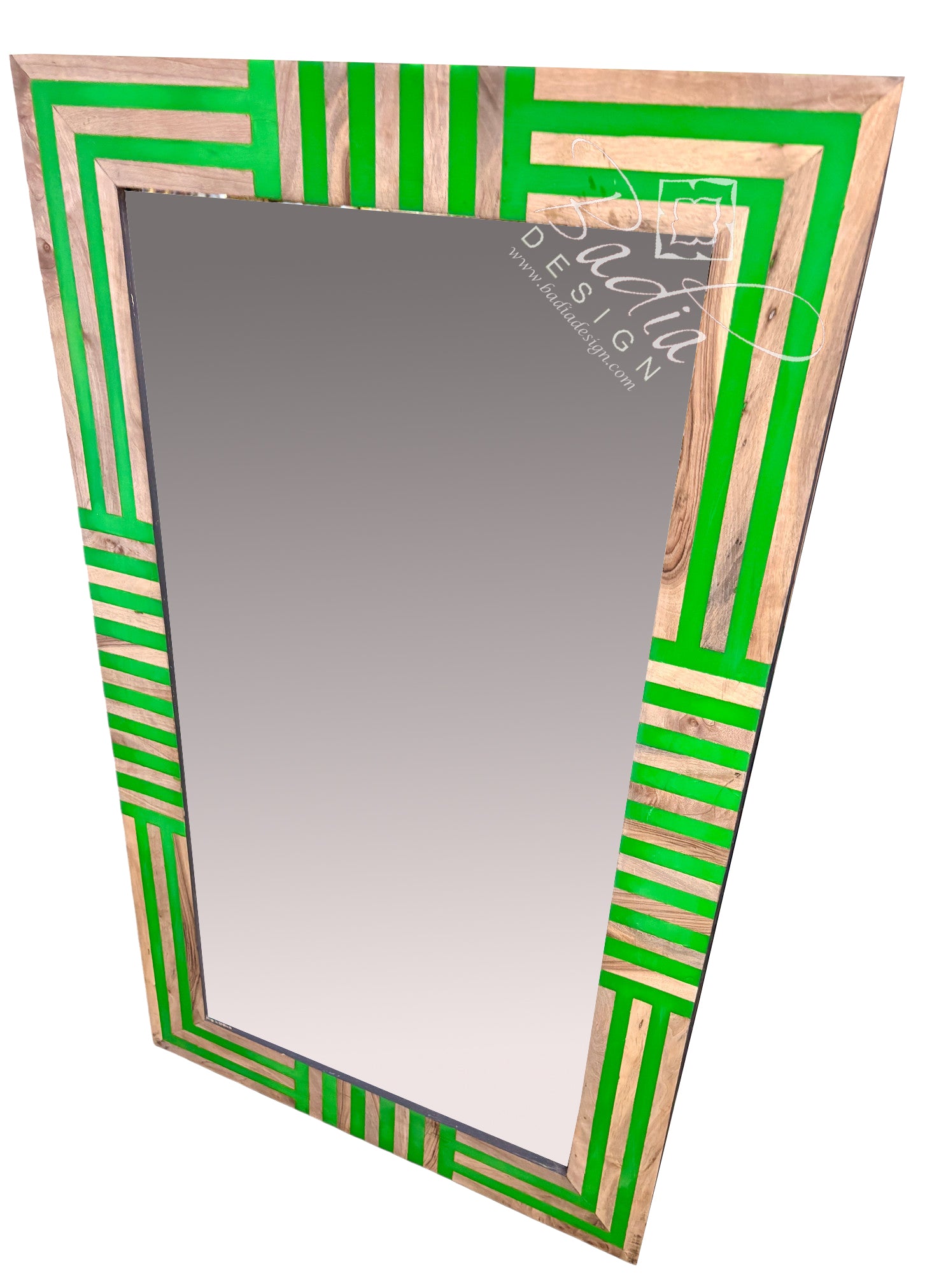 A decorative rectangular wall mirror with a geometric border design featuring bright green painted stripes and natural wood framing, shown on a plain white background.