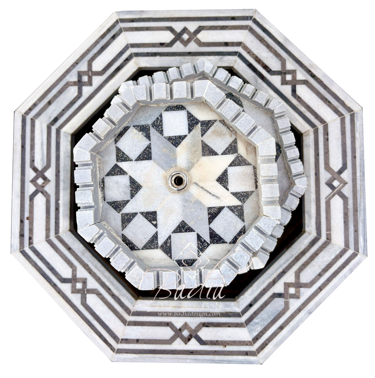 Octagon-Shaped Marble Water Fountain with Geometric Patterns
